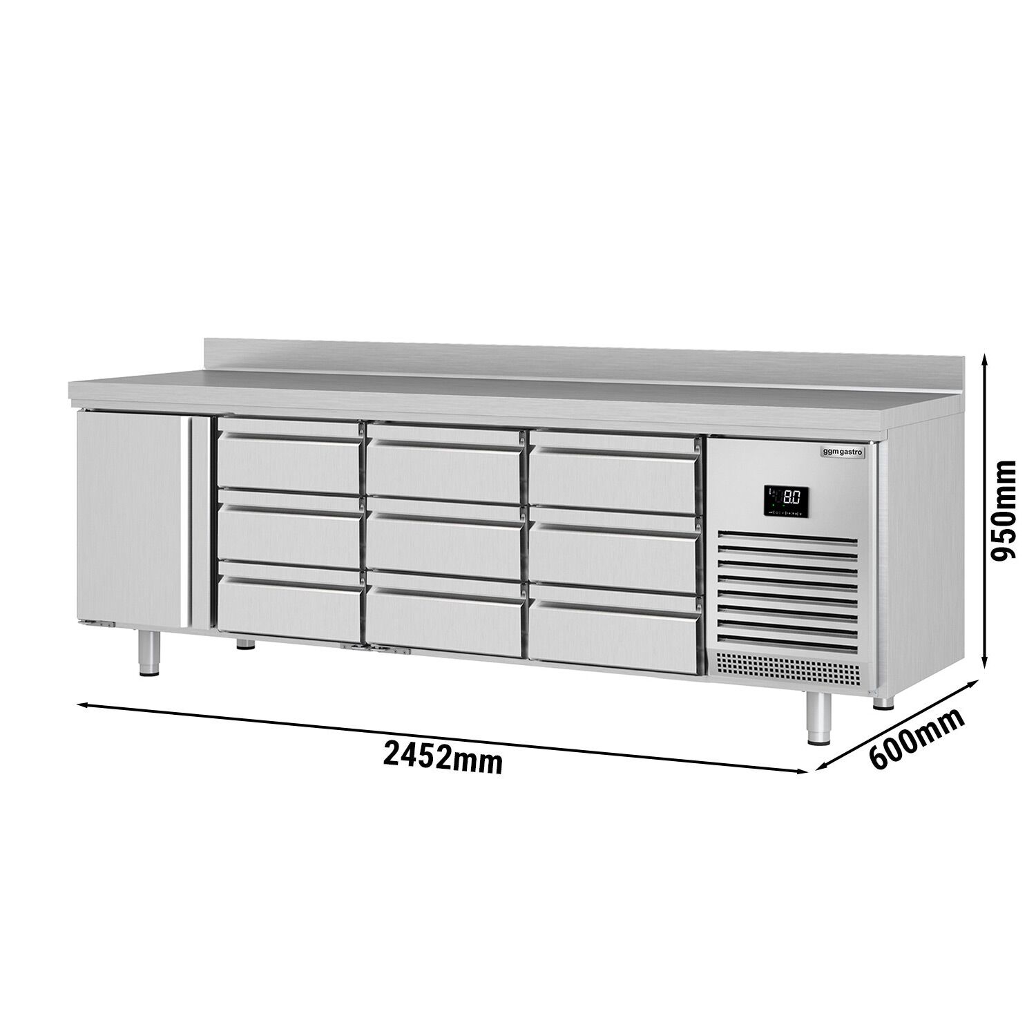 Table réfrigérée Premium PLUS - 2452 x 600 mm - avec 1 porte - 9 tiroirs 1/3 - avec dosseret