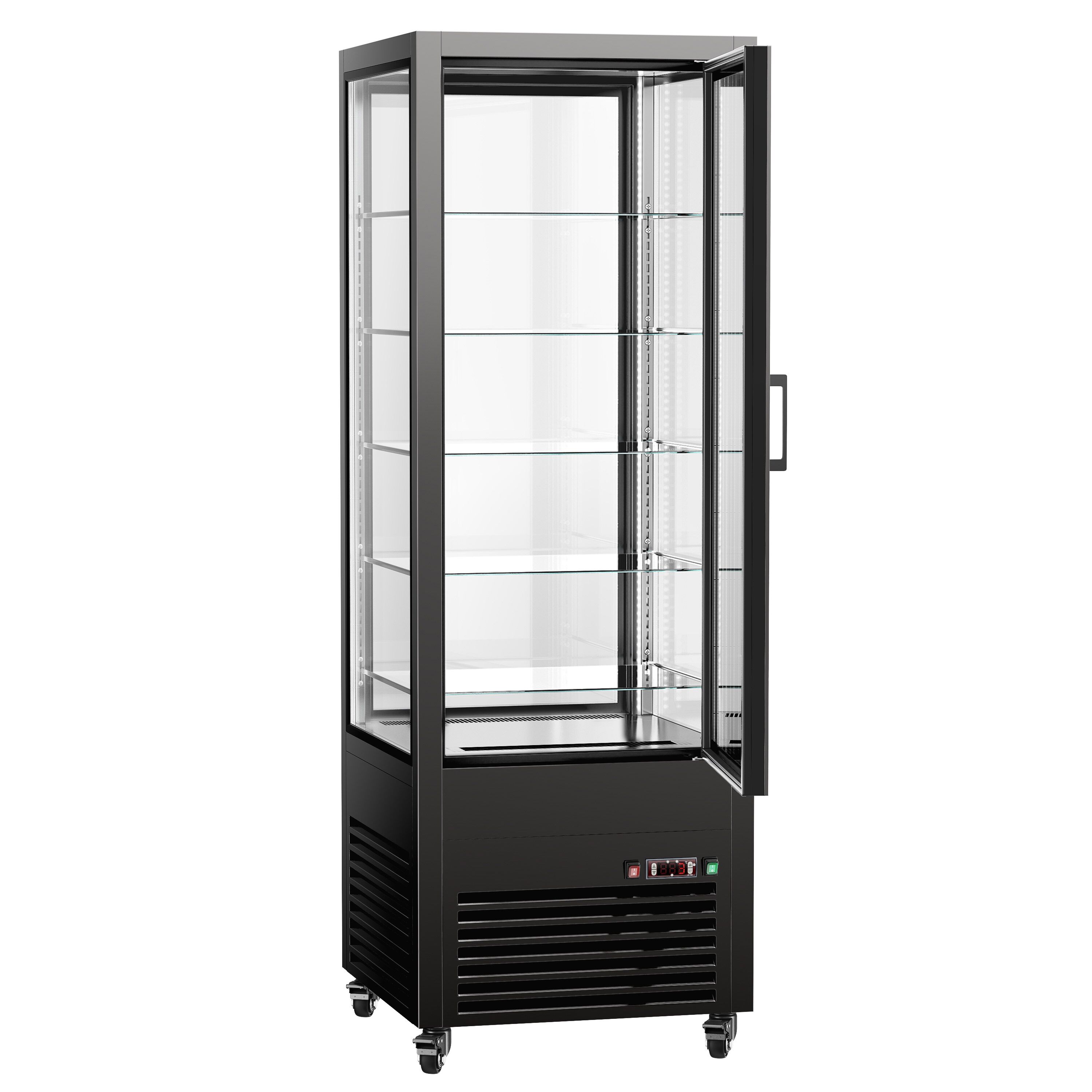 Vitrine réfrigérée 4 faces vitrées / Vitrine panoramique – 440 litres – 2 portes en verre – 5 étagères – Noir