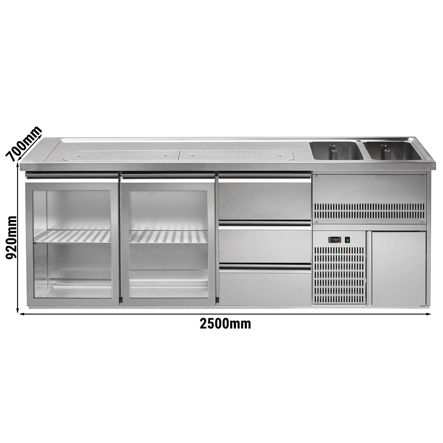 Comptoir de bar réfrigéré Premium PLUS - 2500x700mm - 2 portes vitrées & 3 tiroirs