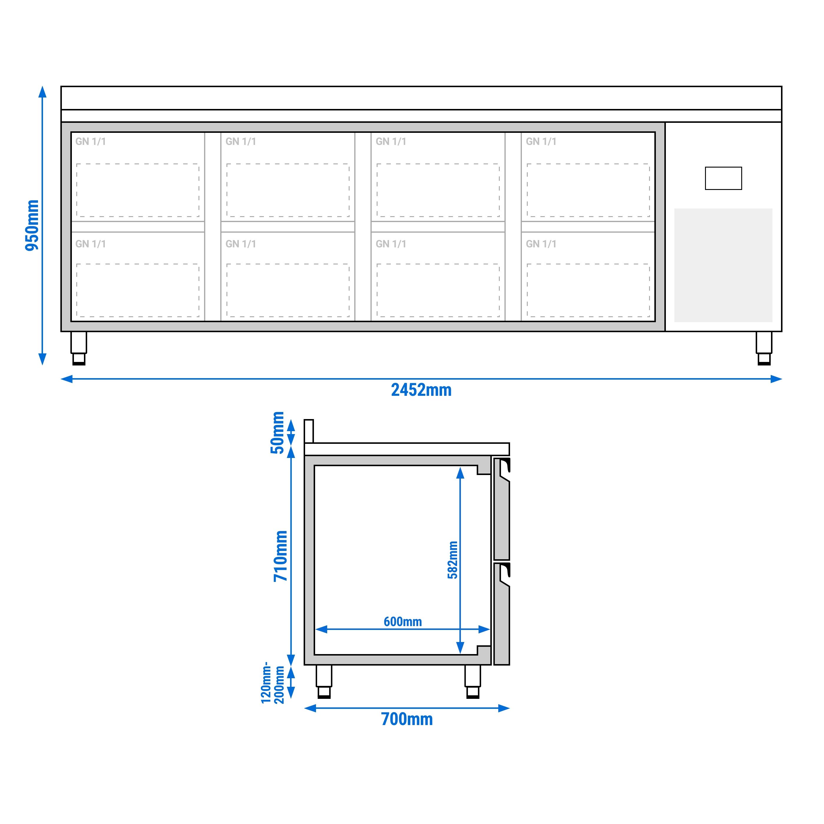 Table réfrigérée Premium PLUS - 2452 x 700 mm - 8 tiroirs - avec dosseret