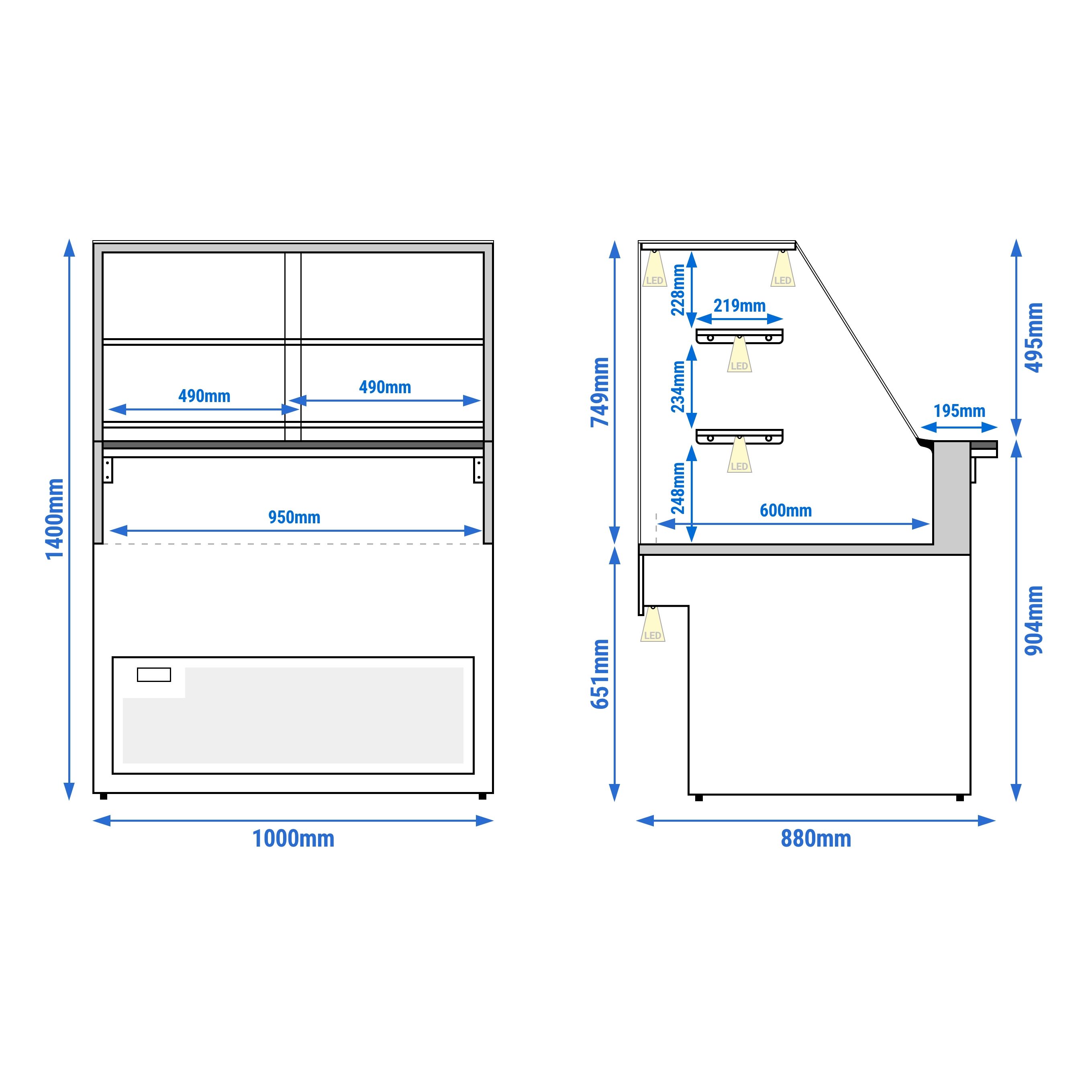 Comptoir réfrigéré TORONTO – 1000 mm – double vitrage – façade Noire – 2 étagères – plan de travail en granit Noir