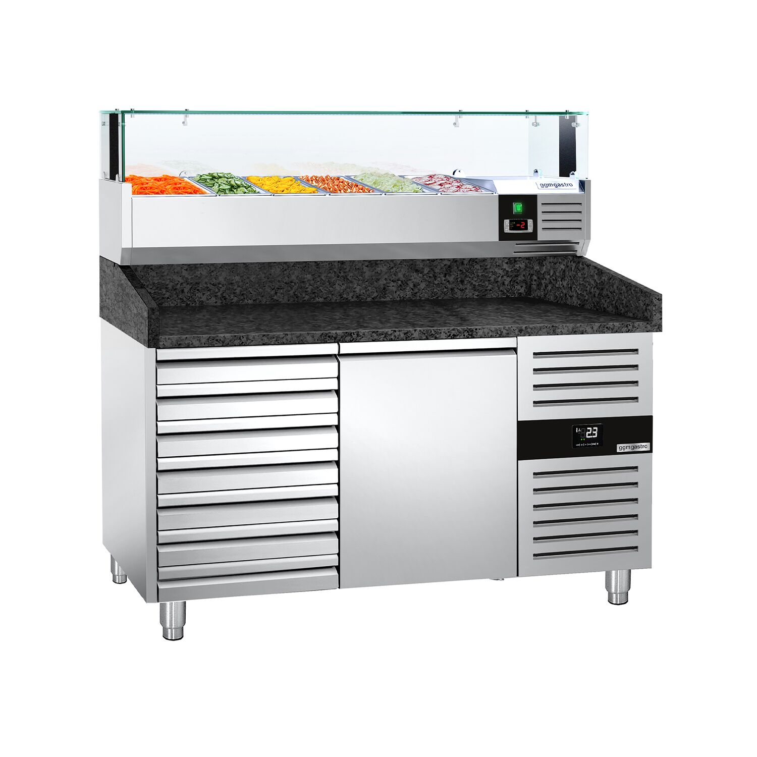 Table réfrigérée à pizza PREMIUM - 1500x800 mm - avec 1 porte & 7 tiroirs - incl. vitrine réfrigérée LED - 5x GN 1/3 + 1x GN 1/2