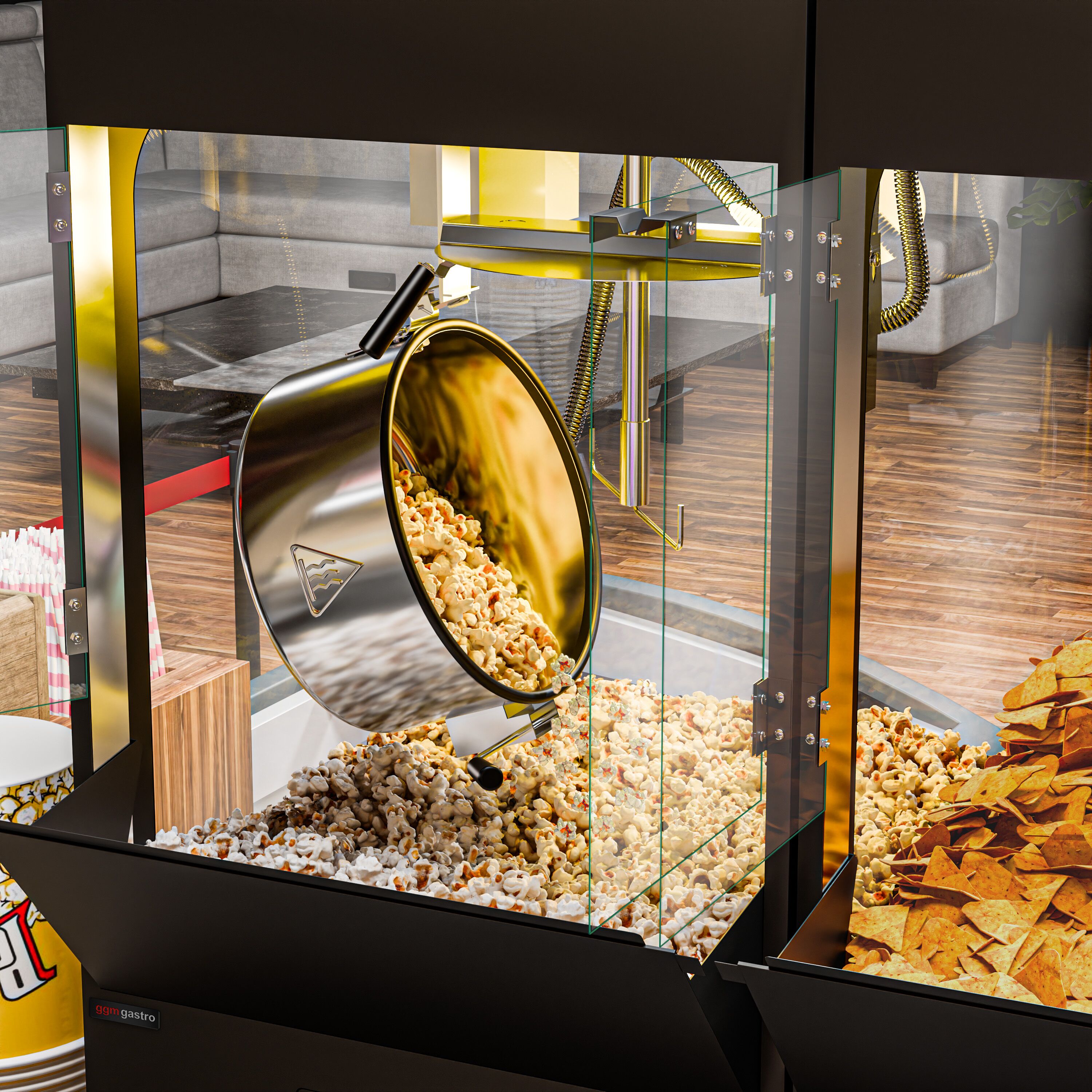 Machine à popcorn avec chauffe-nachos / chauffe-chips - 1,31 kW - 5 kg/h - avec 1 cuve - Noir