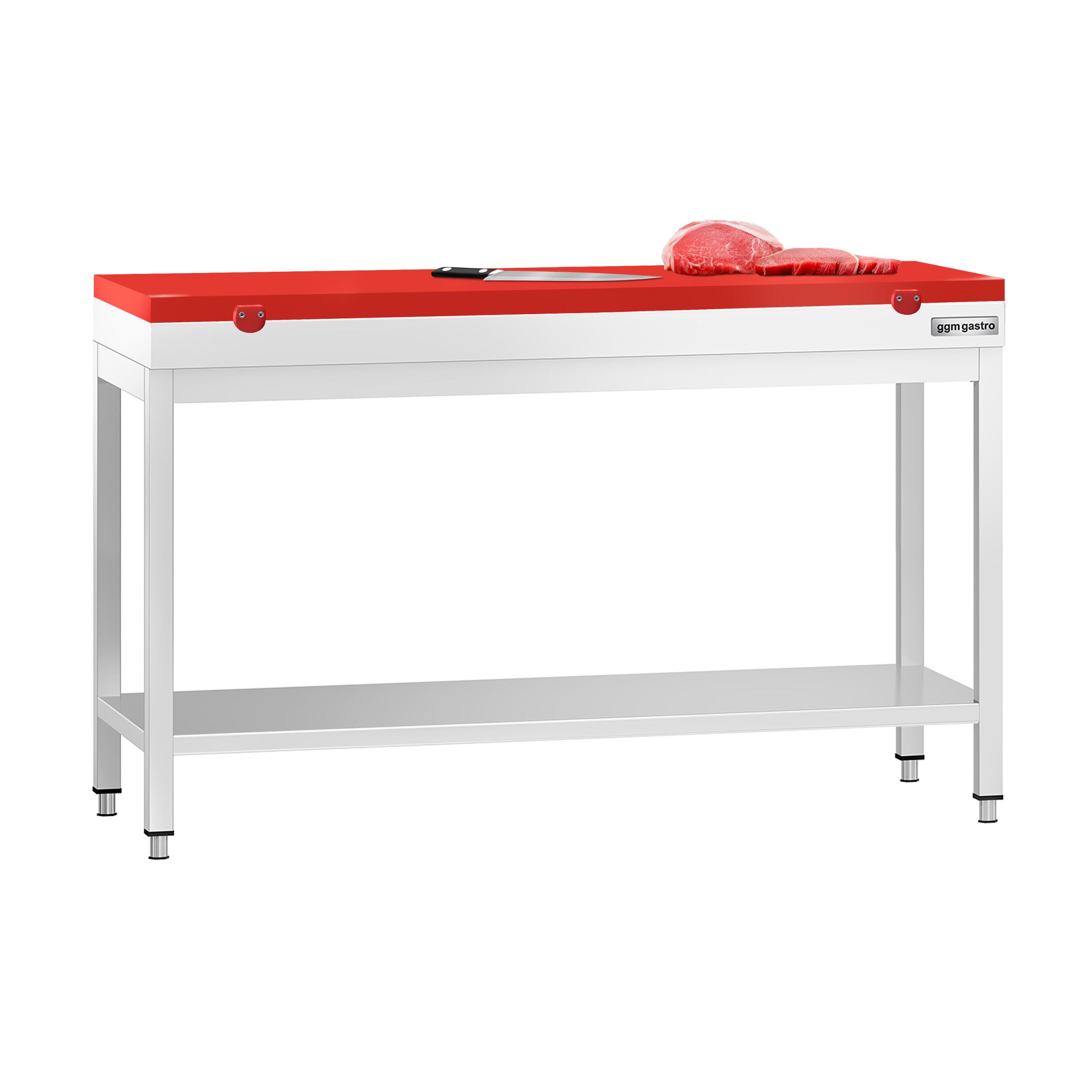 Table de travail inox PREMIUM - 1400 x 600 mm - avec tablette inférieure - incl. Planche à découper Rouge