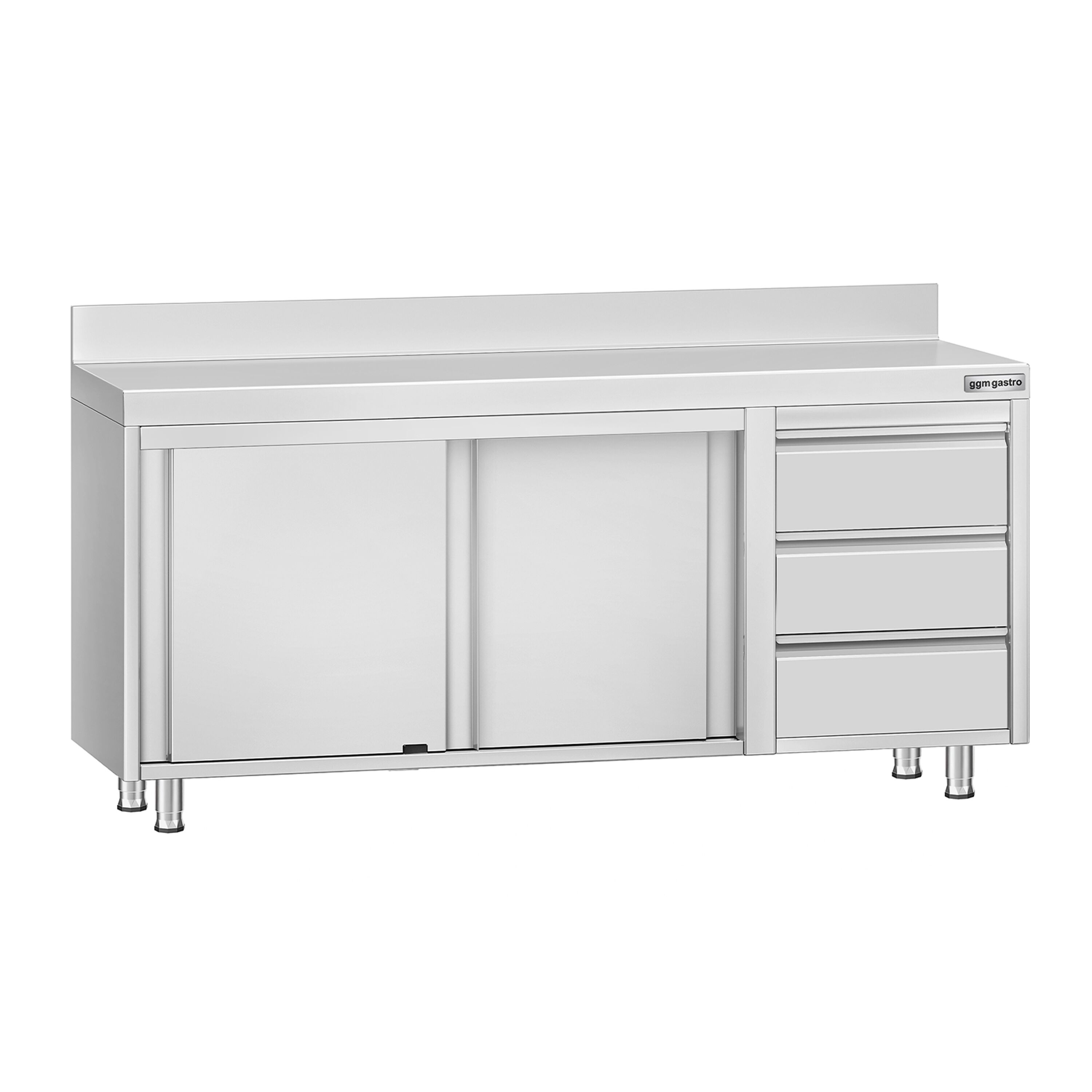 Table armoire en acier inoxydable ECO - 1800x700mm - avec 3 tiroirs à droite et portes coulissantes - avec dosseret