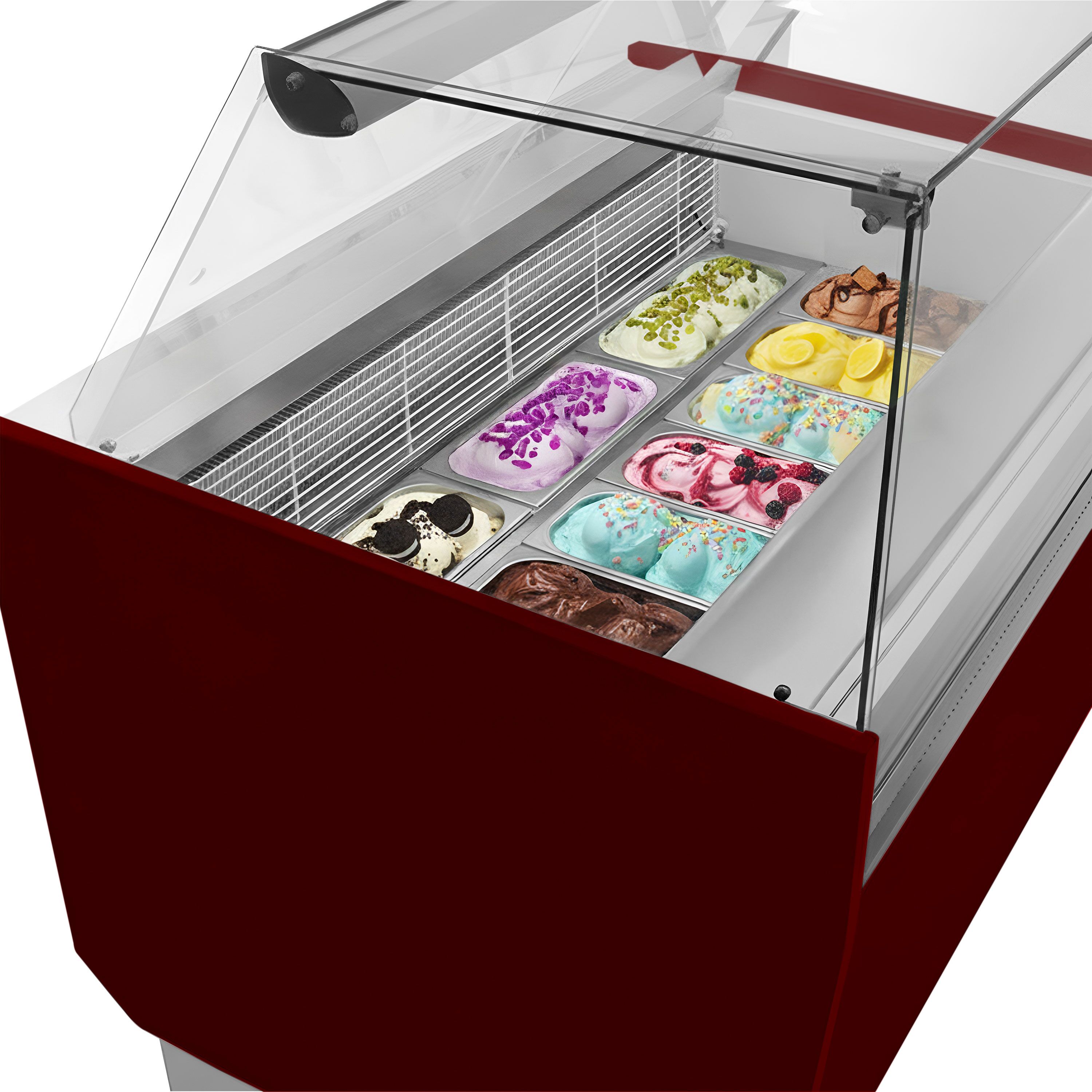 Vitrine à glace LIAM – 1310 mm – refroidissement statique – pour 10+10 bacs à glace de 5 litres – Rouge grenat