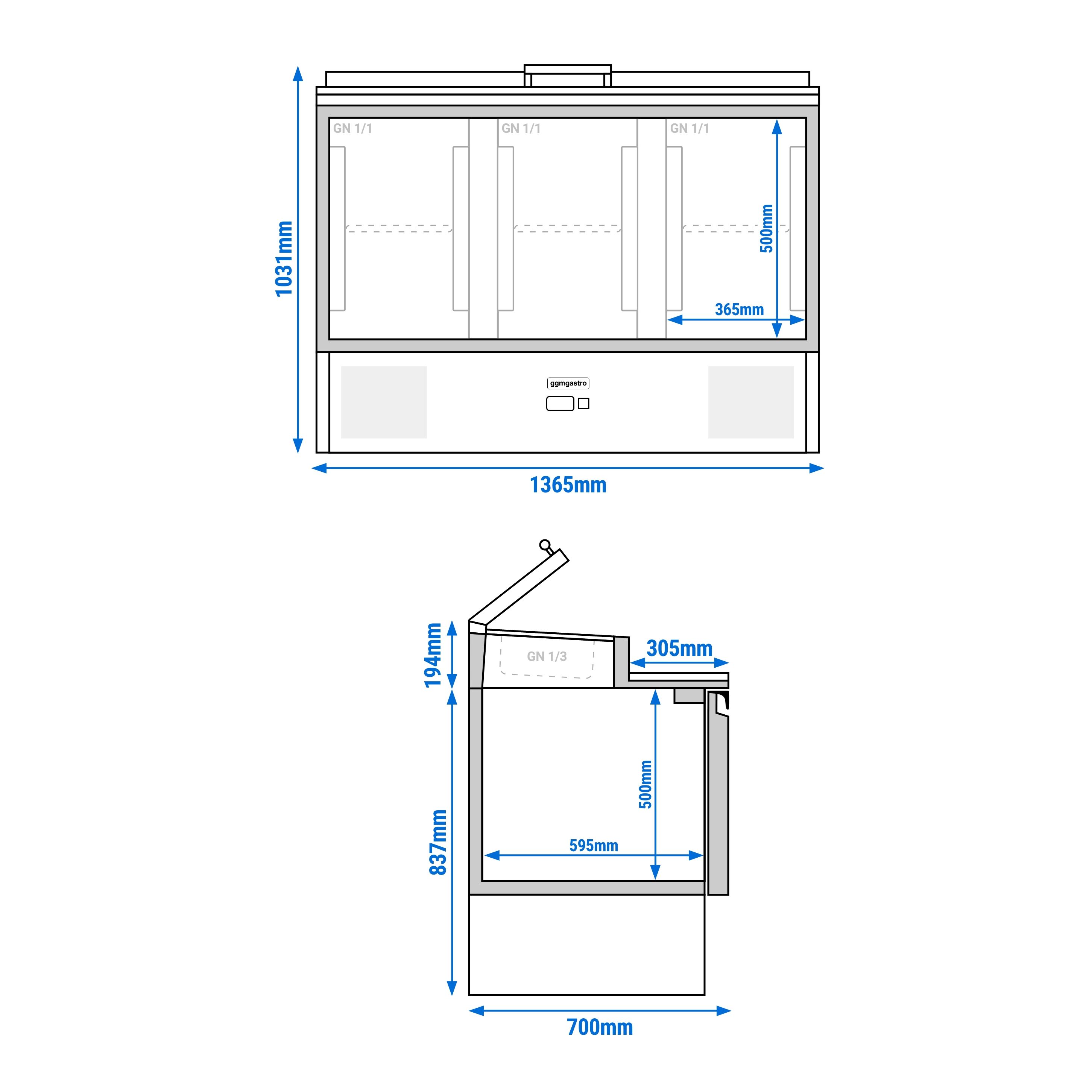 Saladette réfrigérée PREMIUM - 1365mm - 248L - 3 portes - avec découpe pour 7x GN 1/3 & Couvercle verre