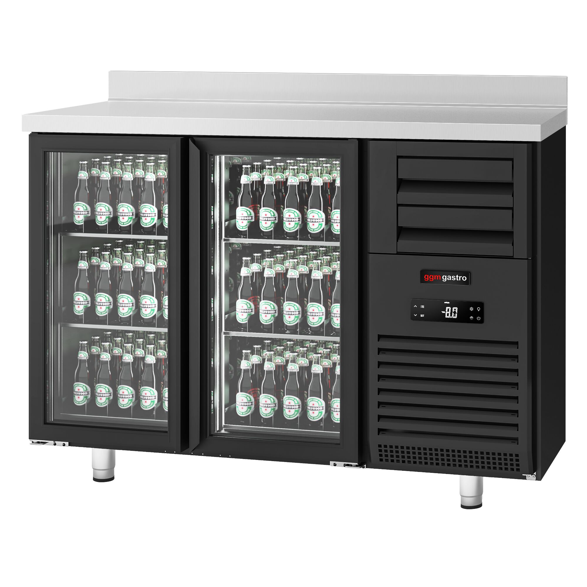Arrière-bar réfrigéré professionnel  - 1475x700 mm - 440 litres - avec 2 portes vitrées & dosseret - noir