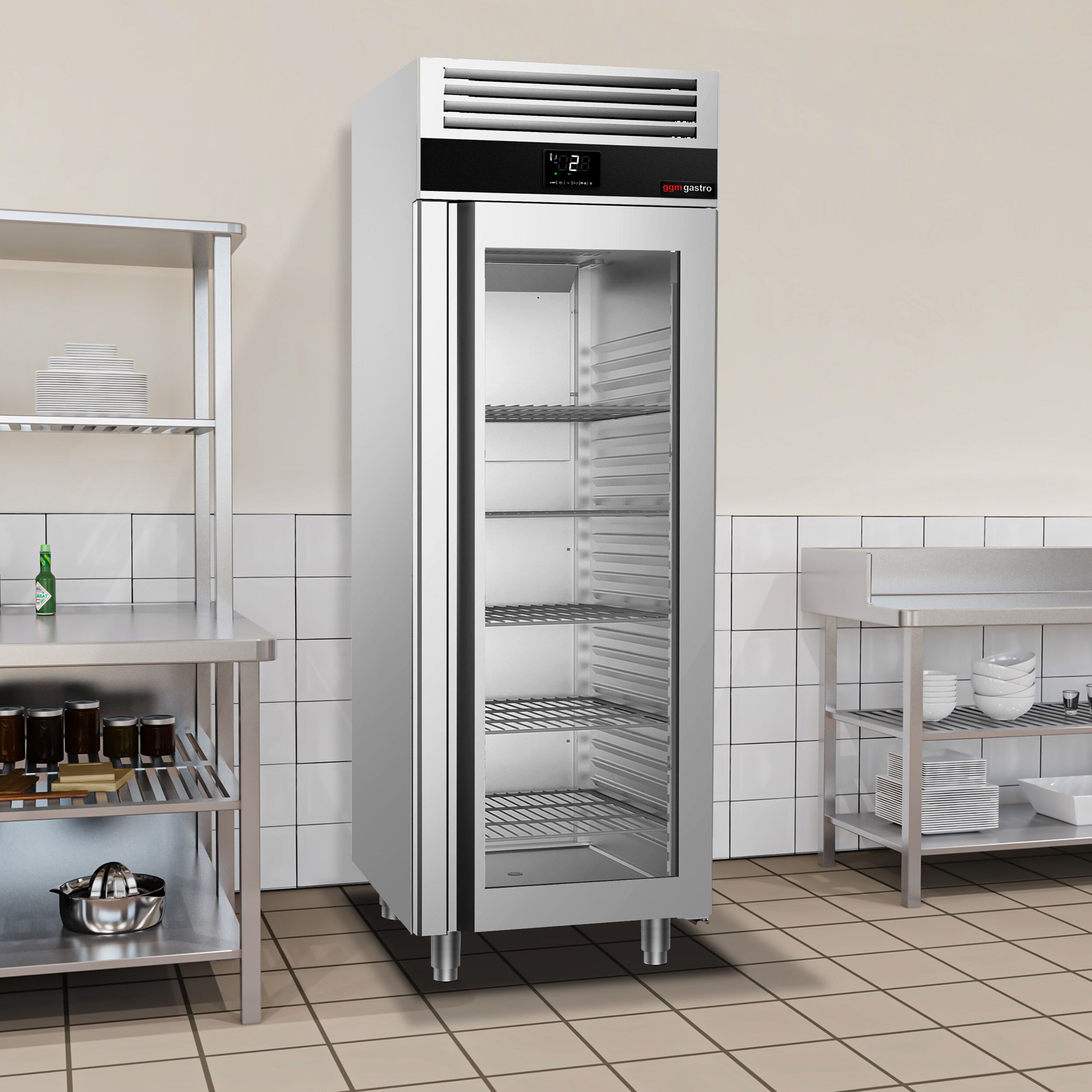 Glass Door Upright Fridge Stainless steel PREMIUM - GN 1/1 - 650L - with 1 glass door