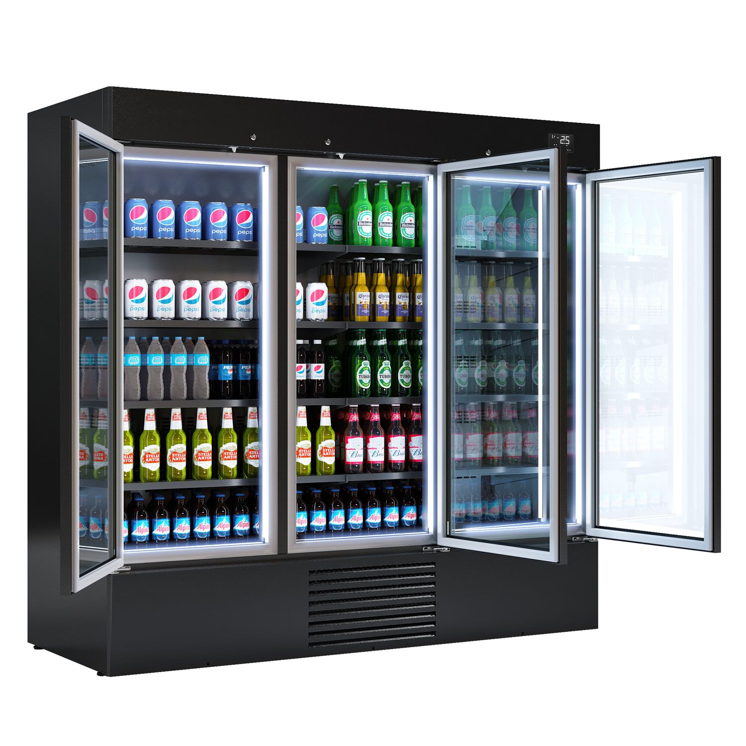 Commercial multideck display fridge - 2081mm - 2030L - with 3 double‑glazed hinged glass doors & 8 shelves - Black