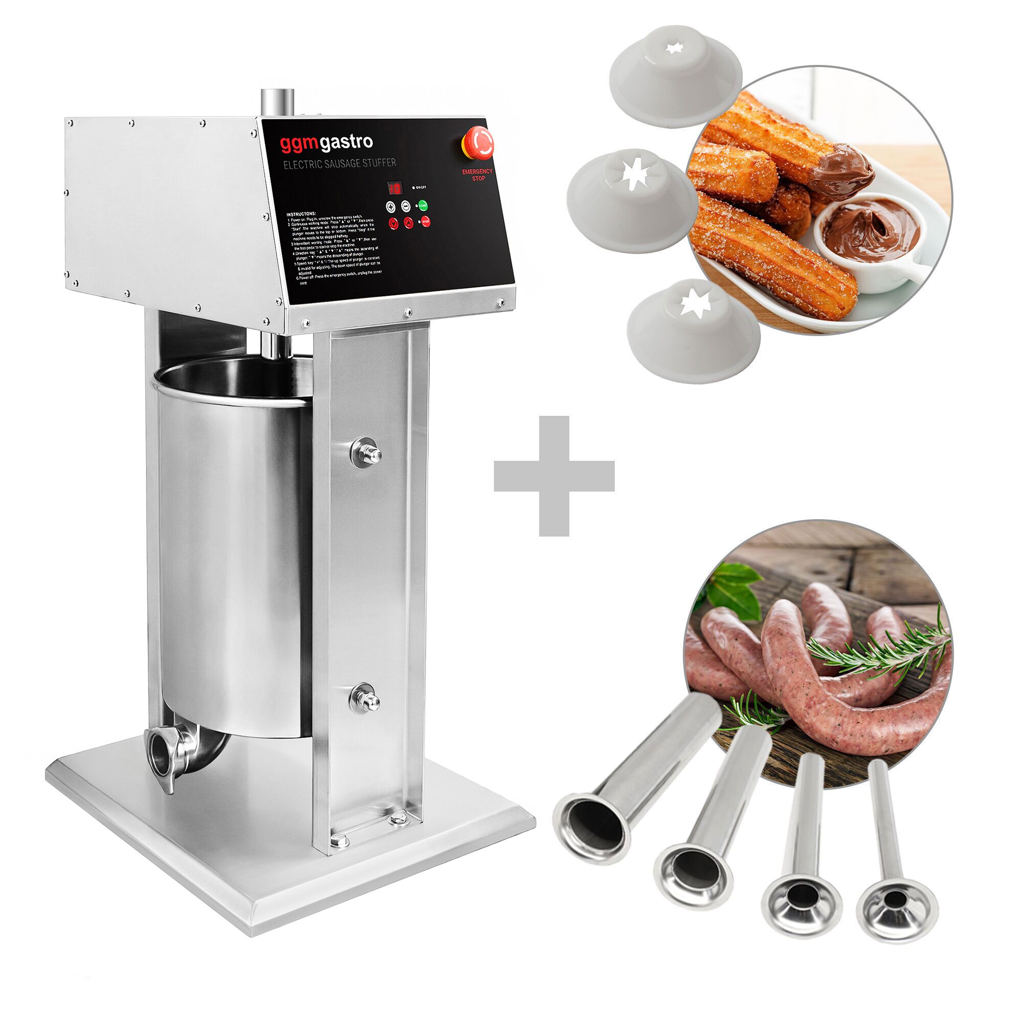 Poussoir à saucisses Électrique & Machine à churros - 25 Litres - 180 Watts - inox - incl. 4 Embouts à saucisses & 3 Embouts à churros