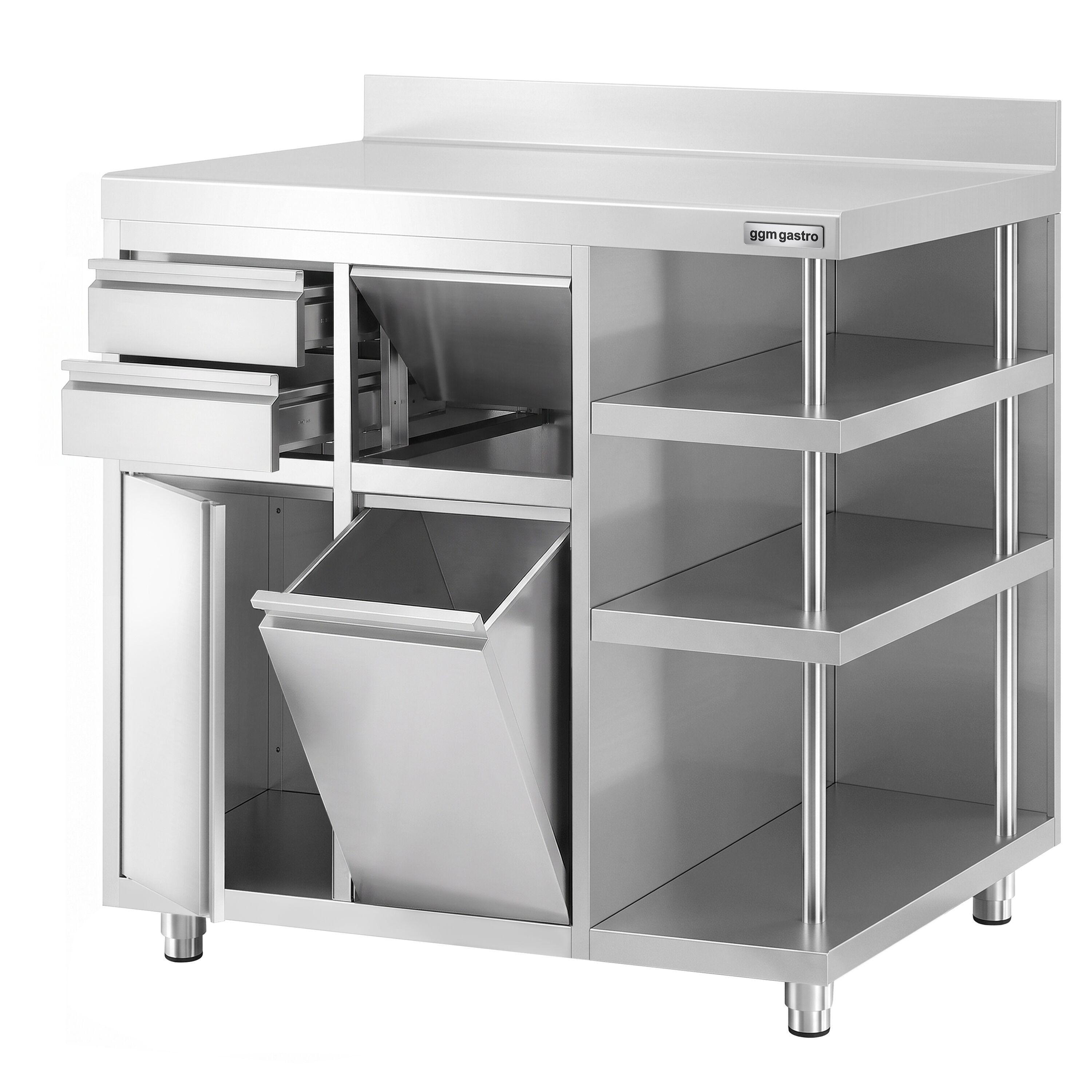Arbetsskåp – för kaffebryggare – 1200 x 600 mm – med 1 svängdörr, 2 lådor, papperskorg, 3 hyllor och upphöjd kant
