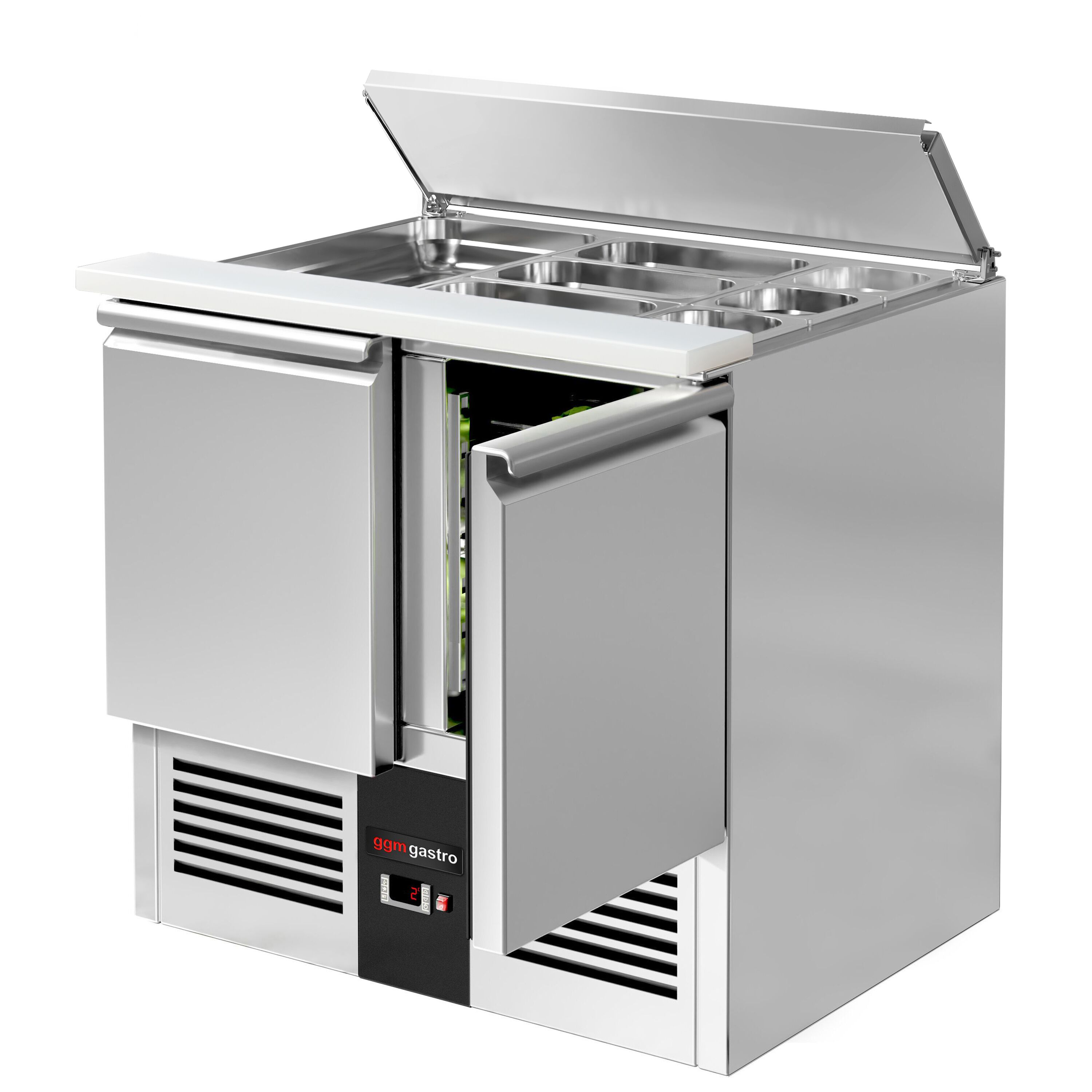 Saladette réfrigérée PREMIUM - 903mm - 240L - 2 portes - pour 2x GN 1/1 & 3x GN 1/6 & Couvercle inox