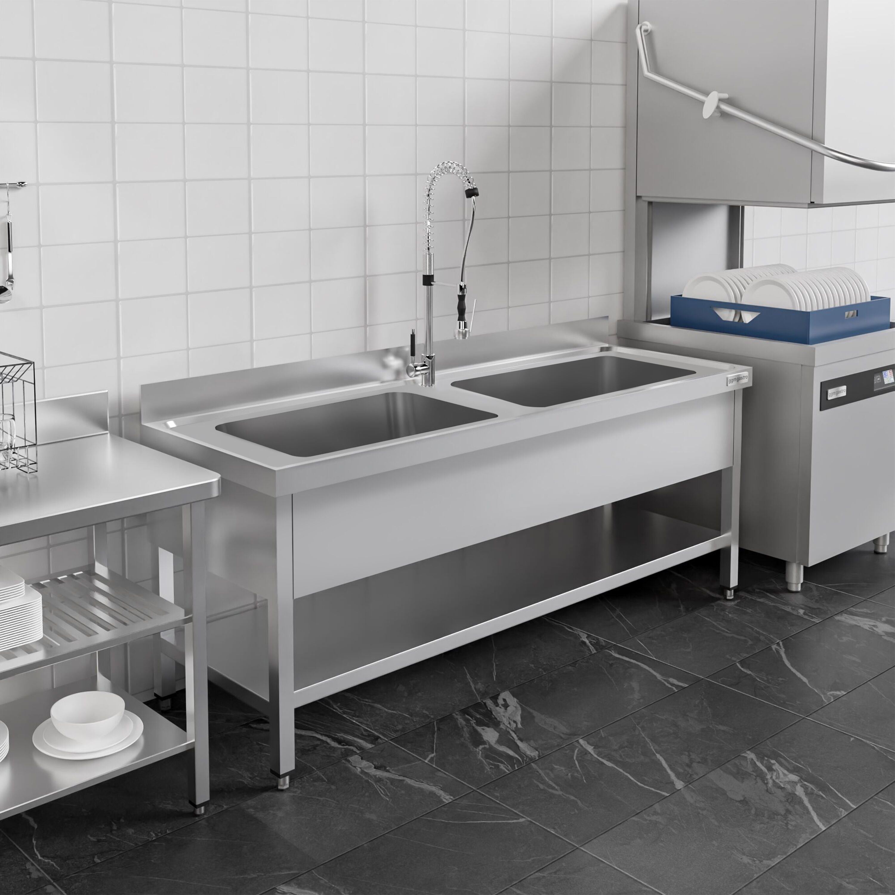 Topfspültisch ECO - 1800x700mm - mit Grundboden & 2 Becken