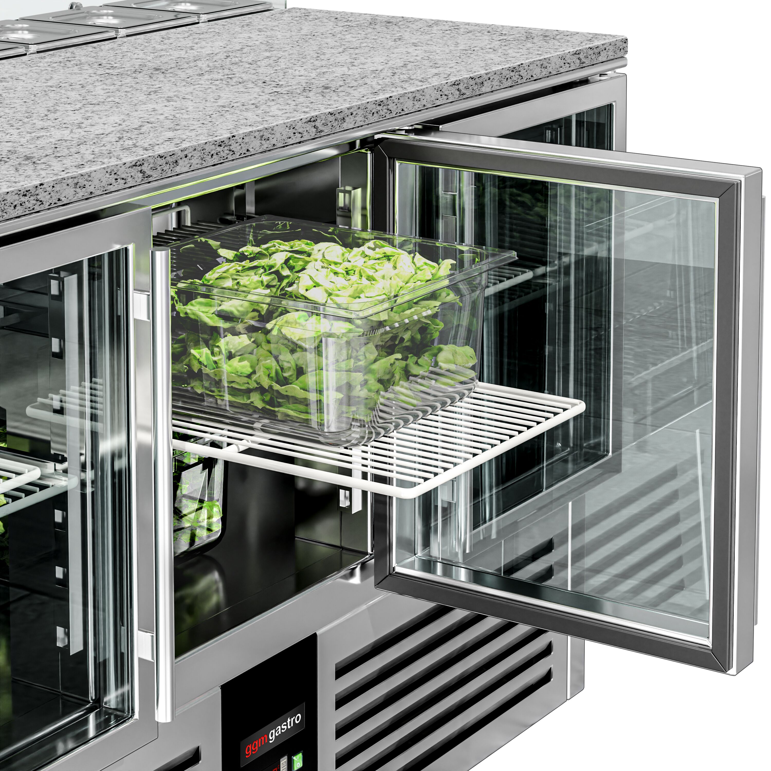 Saladette réfrigérée PREMIUM - 1368mm - 368L - 3 portes vitrées - avec vitrine de comptoir pour 8x GN 1/6