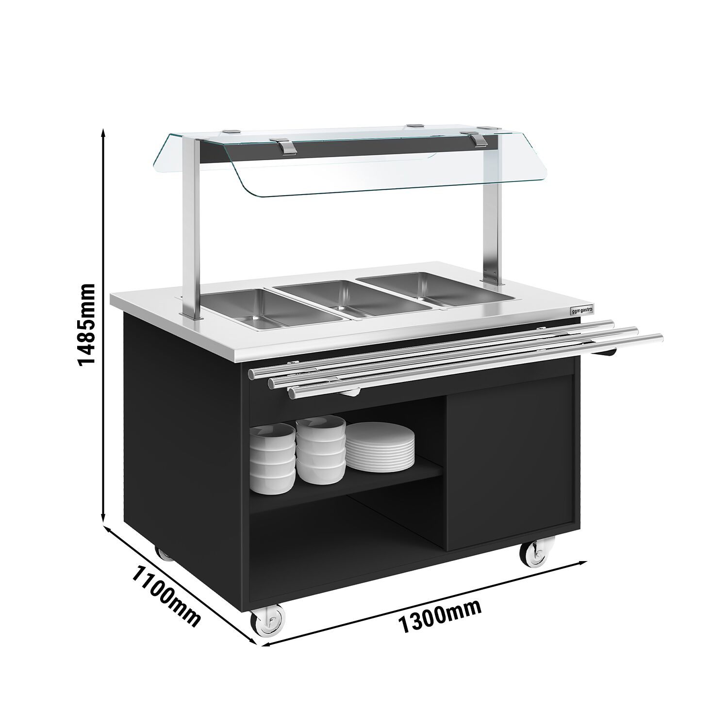 Buffet self-service chaud DANZIG - 1300mm - 3 bacs GN 1/1 - avec Glissière pour plateaux - Noir