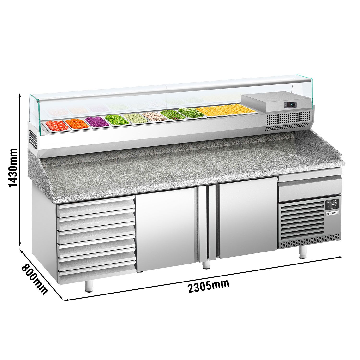 Table réfrigérée à pizza Premium PLUS - 2305 x 800 mm - avec 2 portes & 7 tiroirs - incl. vitrine réfrigérée de présentation - 10x GN 1/3