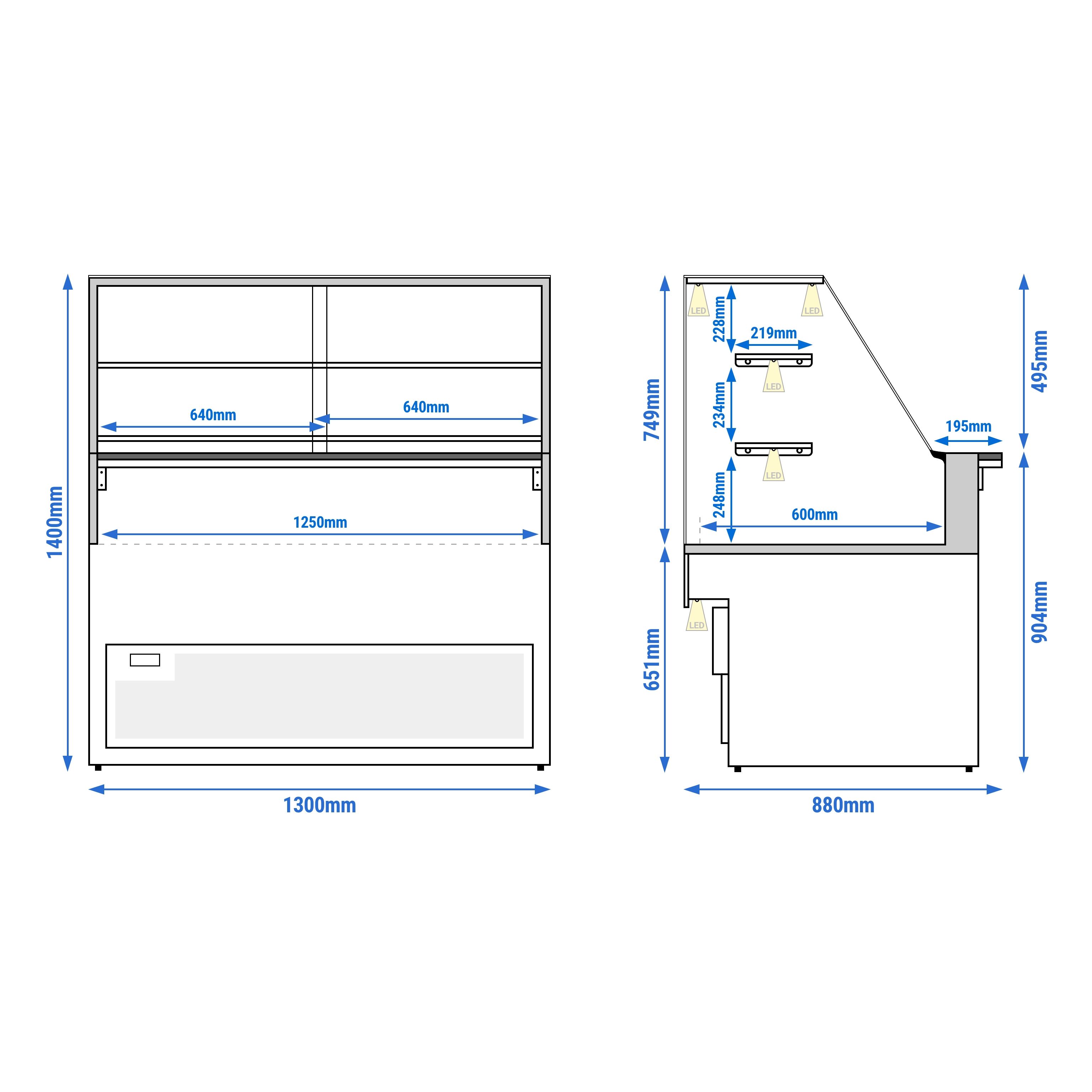 Comptoir réfrigéré TORONTO – 1300 mm – double vitrage – façade en bois – 2 étagères – plan de travail en granit Noir