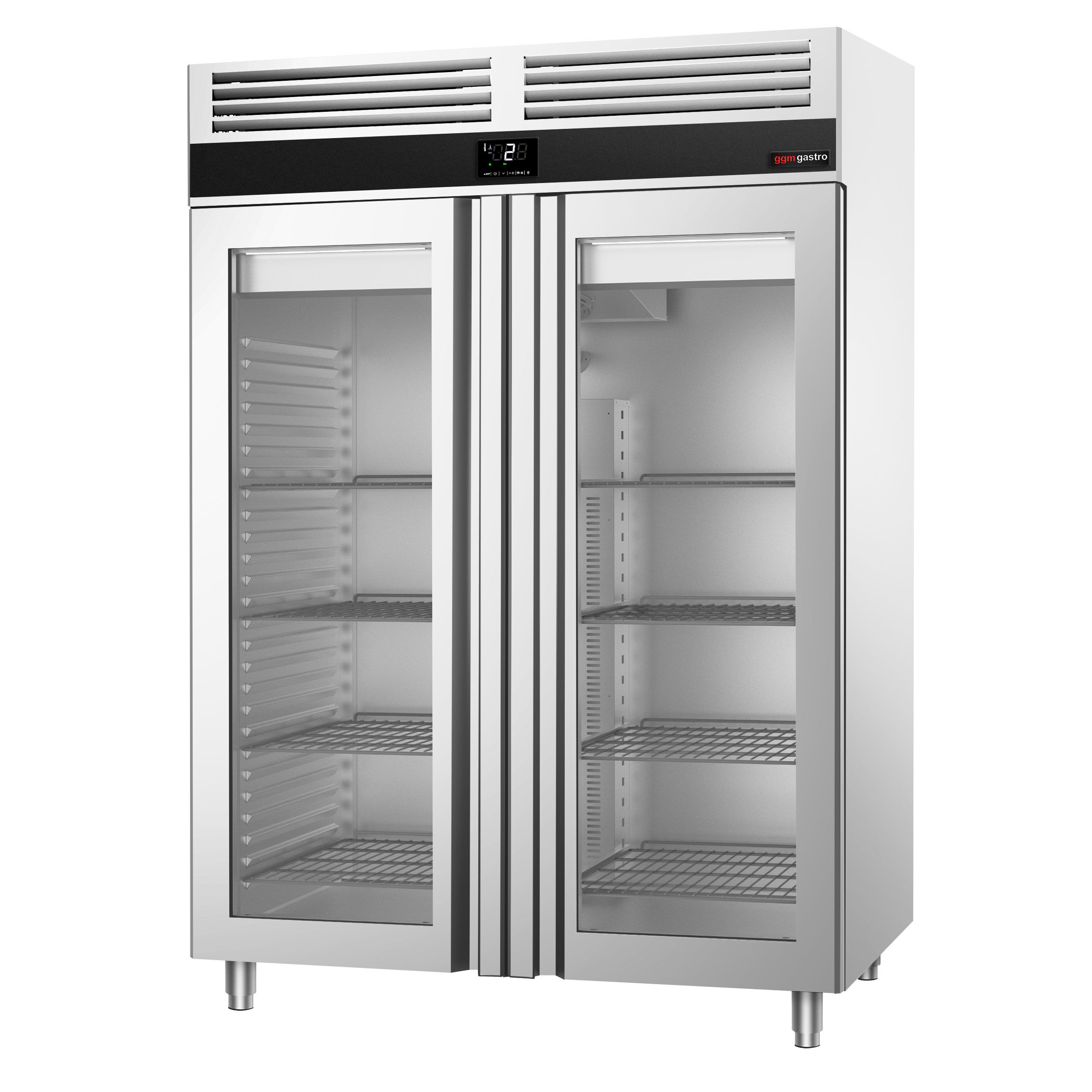 Glass Door Upright Fridge Stainless steel PREMIUM - GN 2/1 - 1350L - with 2 glass doors