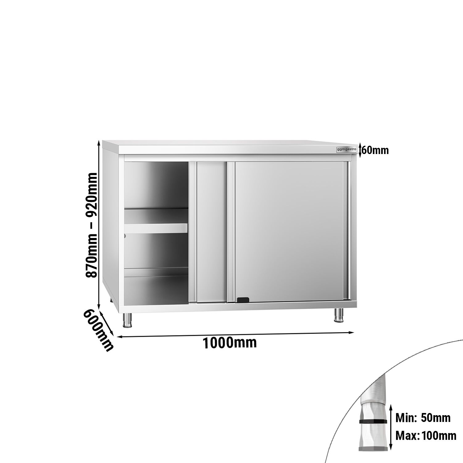 Table armoire en acier inoxydable PREMIUM - 1000x600mm - avec portes coulissantes et étagère basse