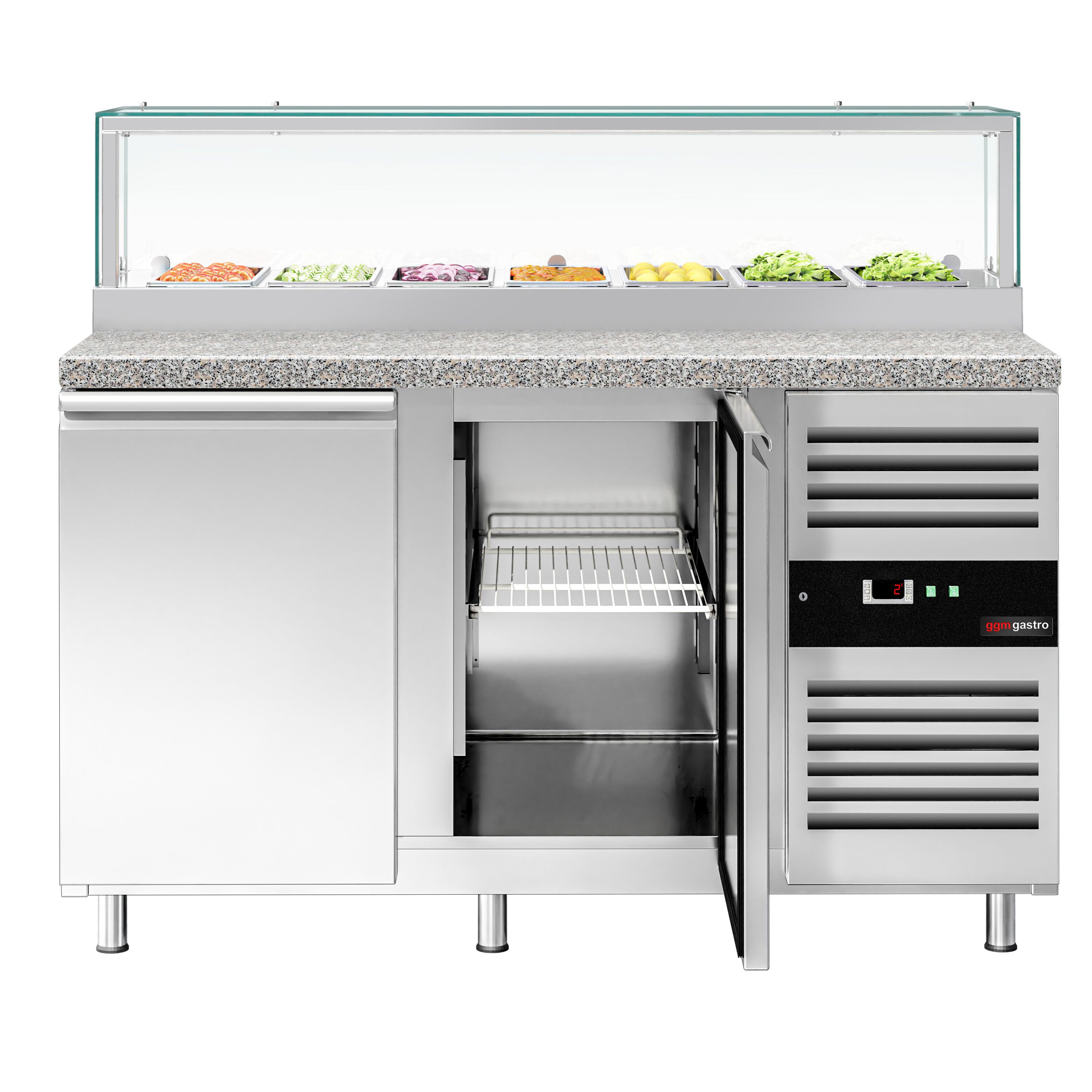 Saladette réfrigérée PREMIUM - 1510mm - 390L - 2 portes - avec vitrine de comptoir pour 7x GN 1/3 & 1 étagère - plan de travail en granit noir