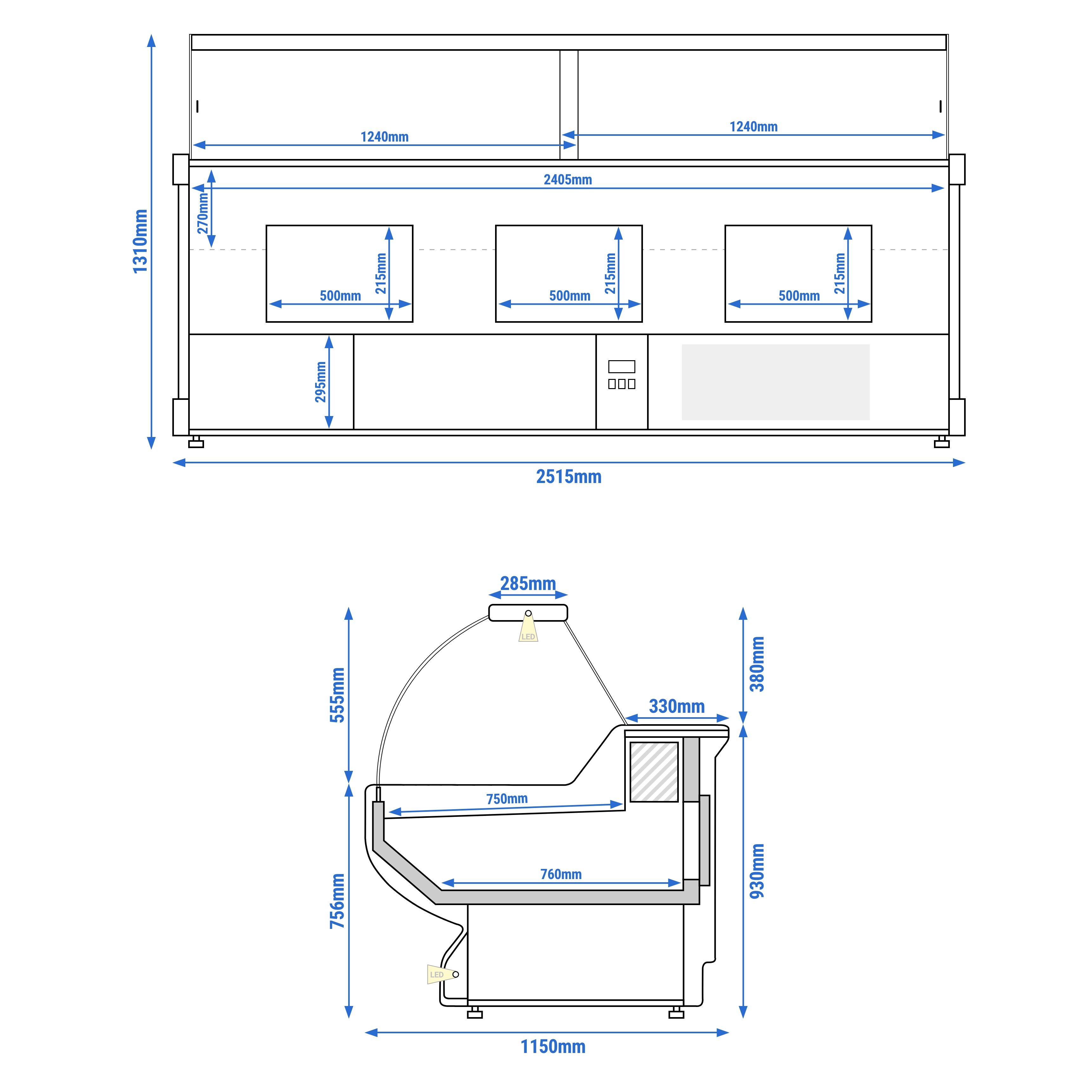 Comptoir vitrine réfrigérée - 2515x1150mm - +1/+10°C - Vitre bombée - 500L - Façade rouge