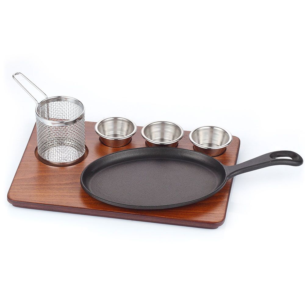 Set de service fajitas - Set de 6 pièces - incl. poêle en fonte avec manche + planche + 3 petits bols + panier à frites - Fonte + Acier inoxydable AISI 304 + MDF aspect bois - 350x260mm - antiadhésif