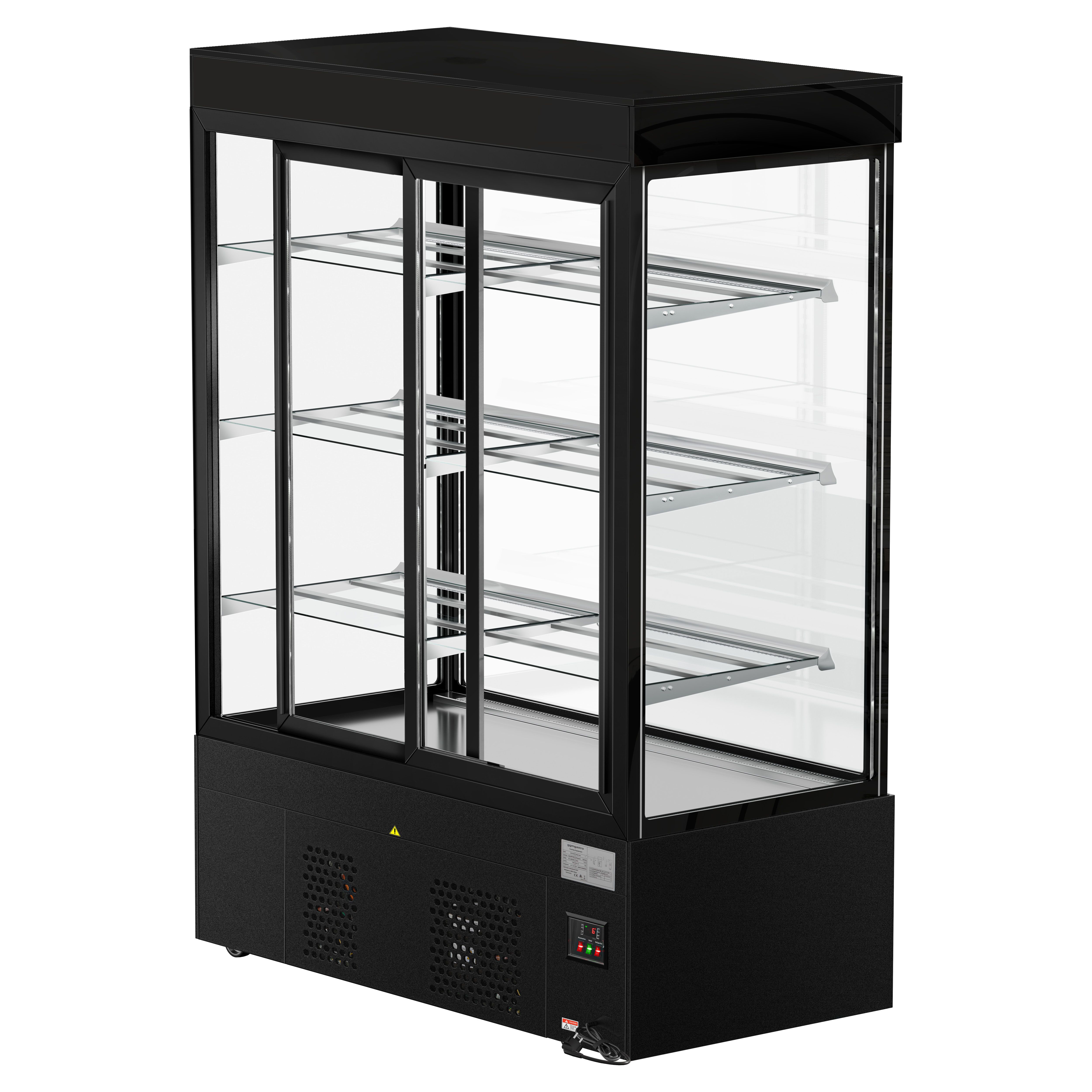 Vitrine réfrigérée 4 faces vitrées MADRID - 1010L - 1500mm - Double vitrage - avec 3 étagères en verre - portes coulissantes vitrées arrière - Noir mat