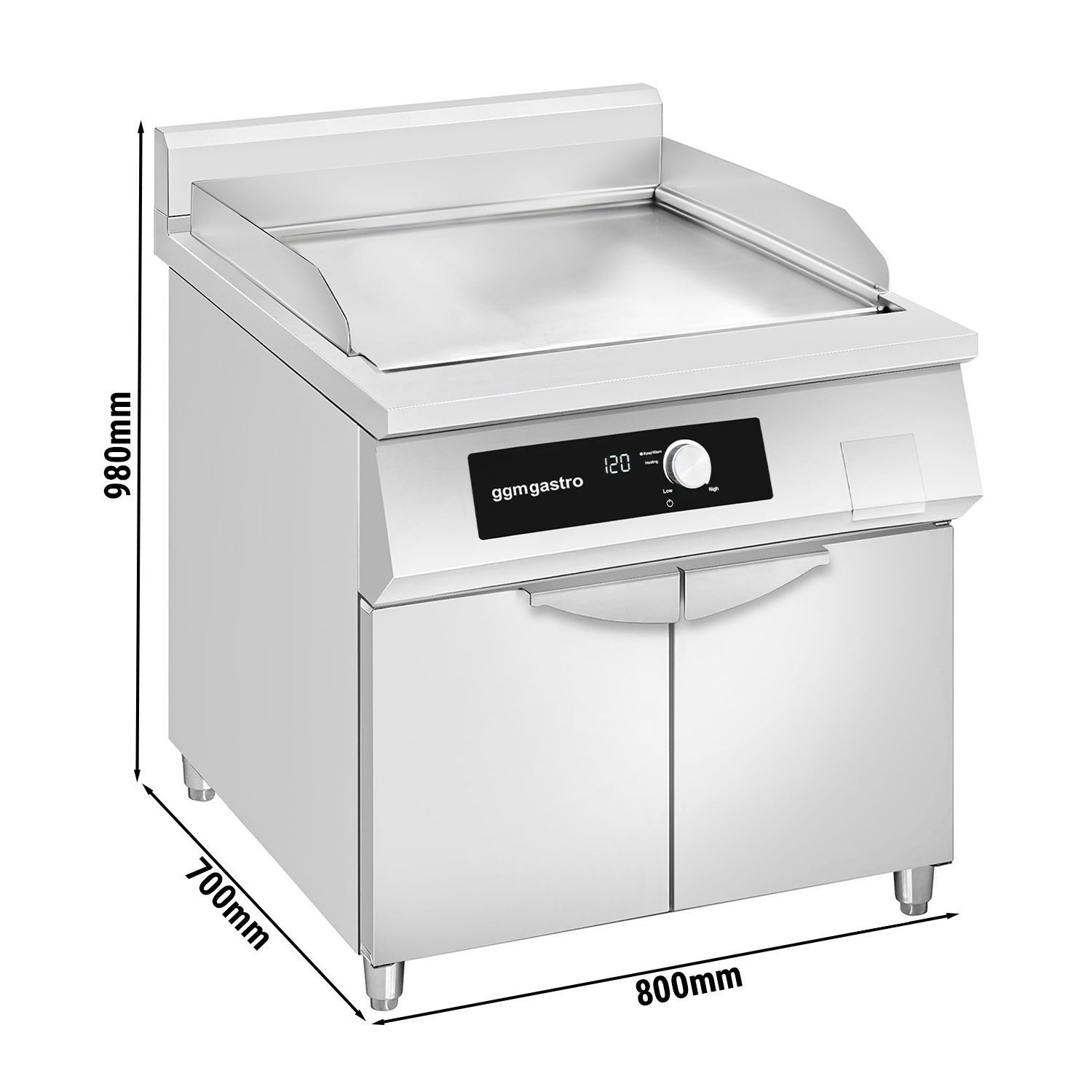 Commercial Induction Griddle - with Digital Controls - 10.0kW - Smooth Plate - Cooking area: 800x700mm - with Cabinet Base - 2 Doors