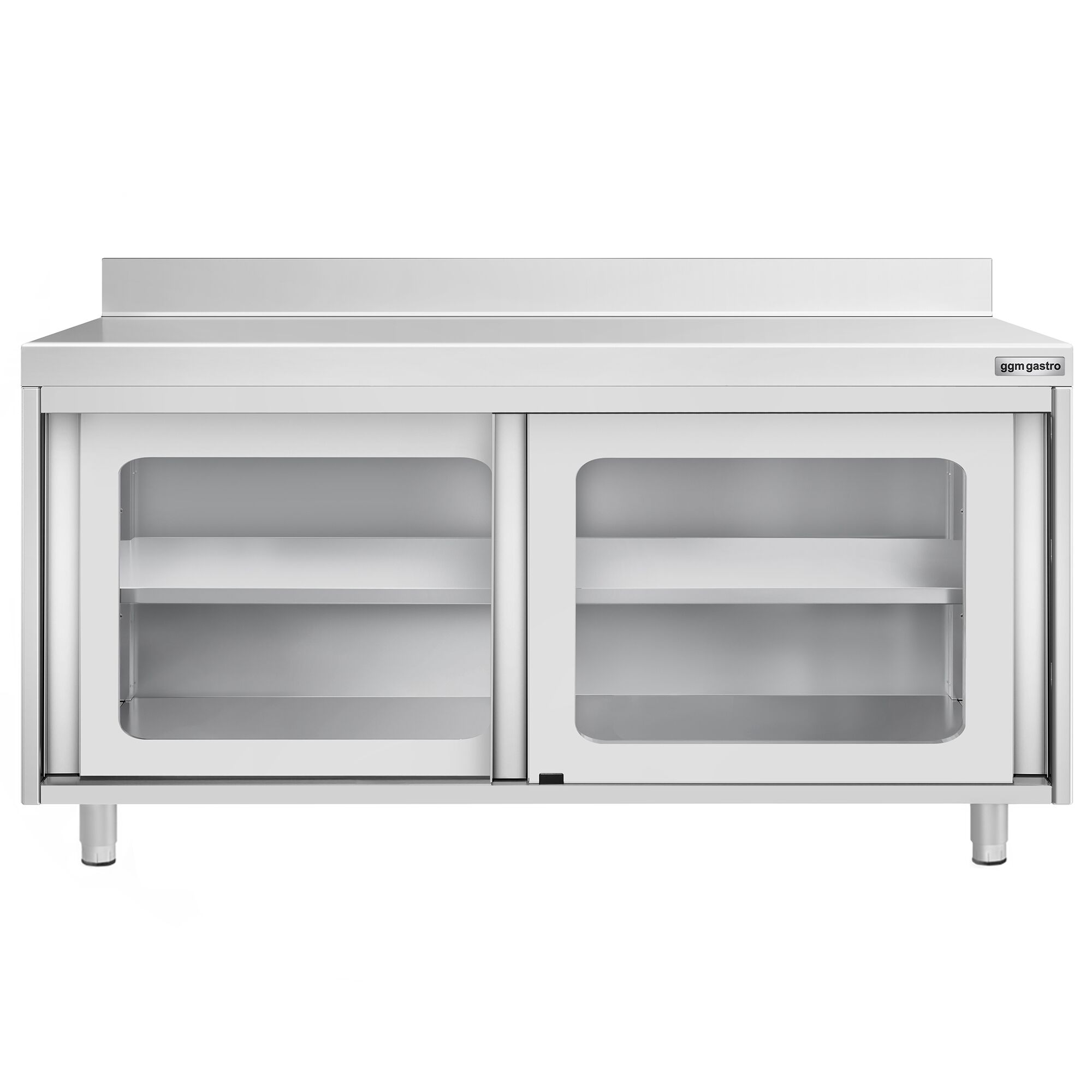 Table armoire en acier inoxydable PREMIUM - 1600x600mm - avec portes coulissantes vitrées - avec dosseret