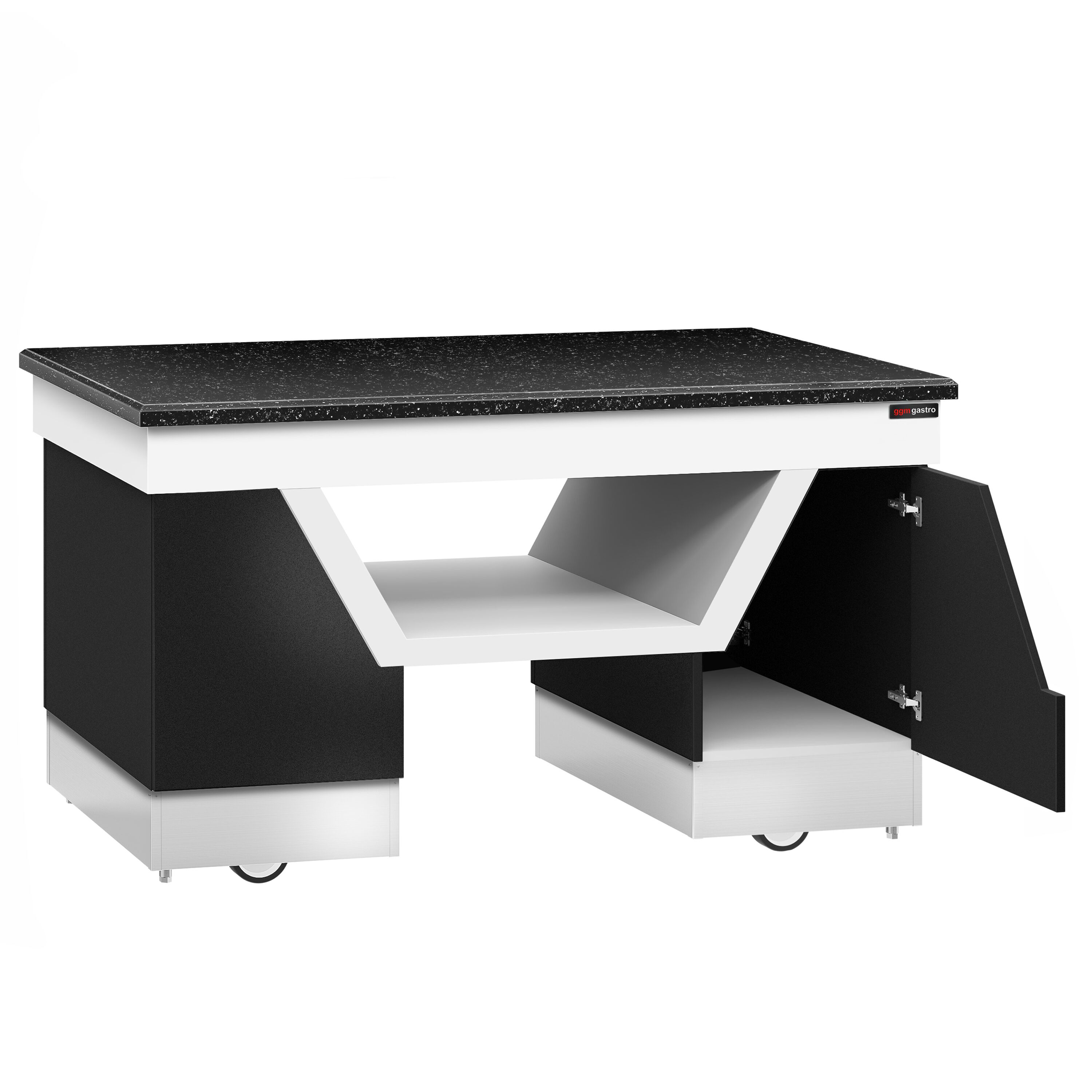 Commercial Ambient Prep Counter – Black Granite Top - 4 Soft-Close Doors - 1600×800mm - On Castors