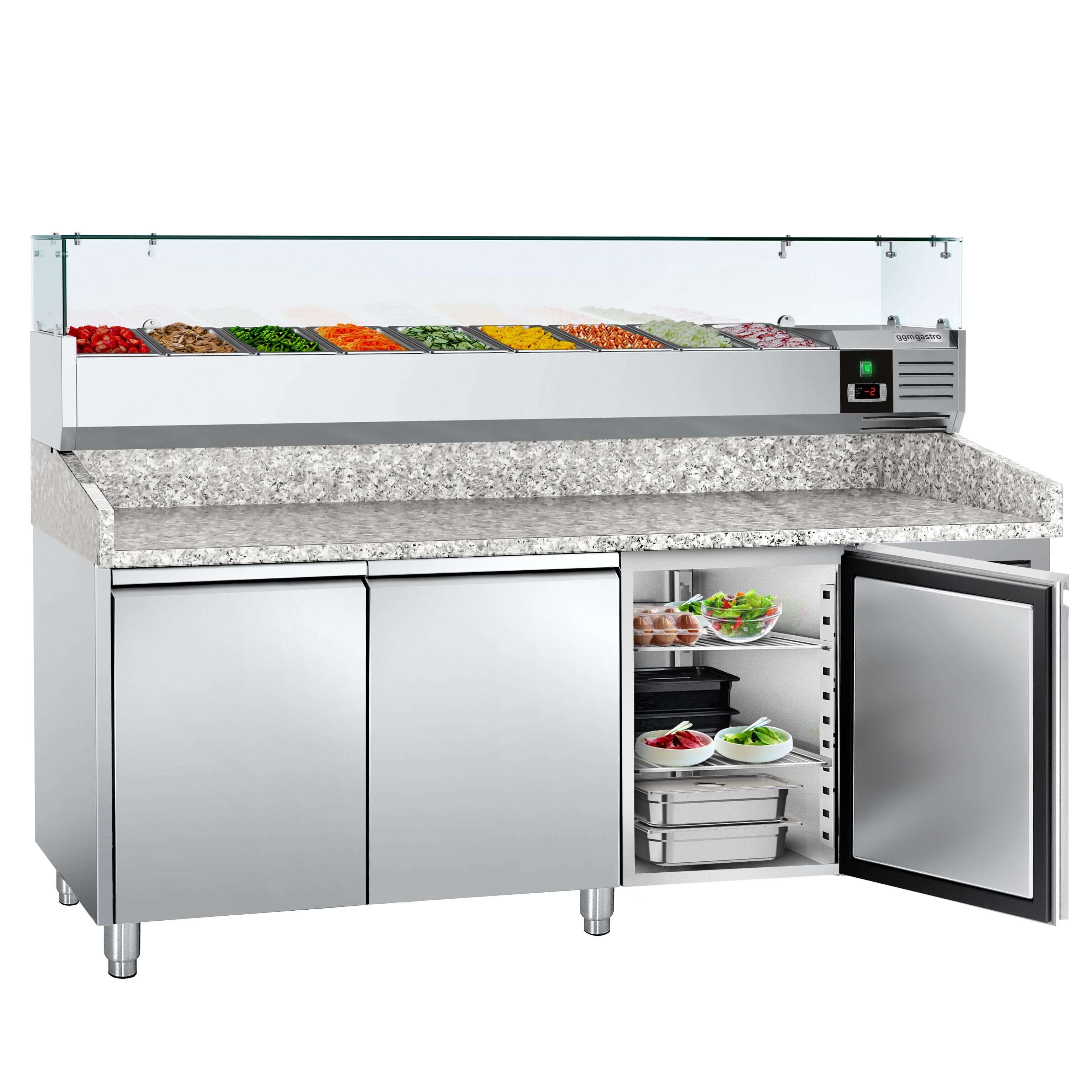 Table réfrigérée à pizza ECO - 2000 x 800 mm - avec 3 portes - incl. vitrine réfrigérée - 9 x GN 1/3