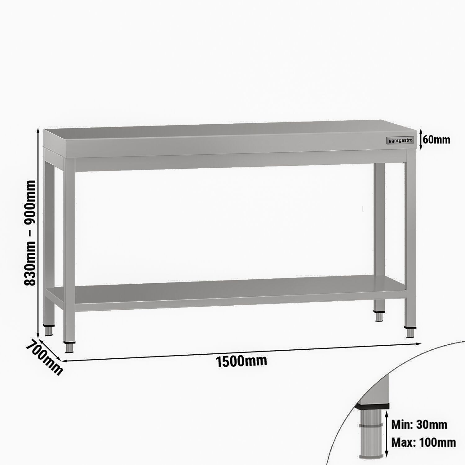 Table de travail en inox ECO – 1500 × 700 mm – avec tablette inférieure