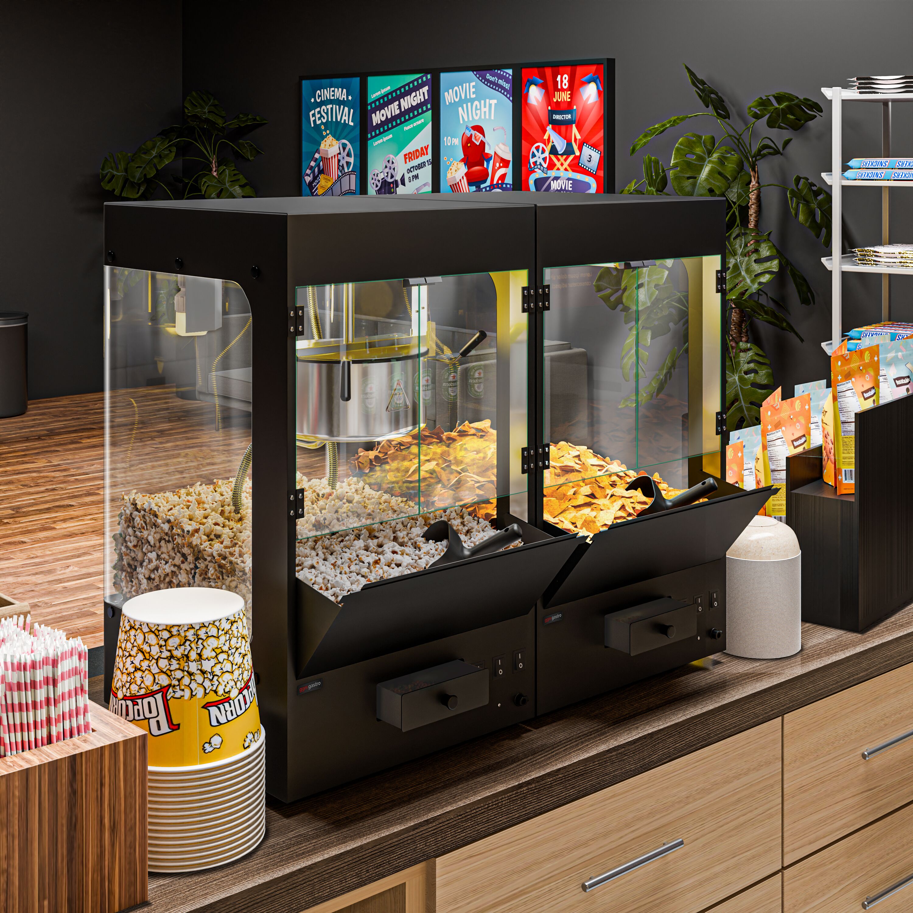 Machine à popcorn avec chauffe-nachos / chauffe-chips - 1,31 kW - 5 kg/h - avec 1 cuve - Noir
