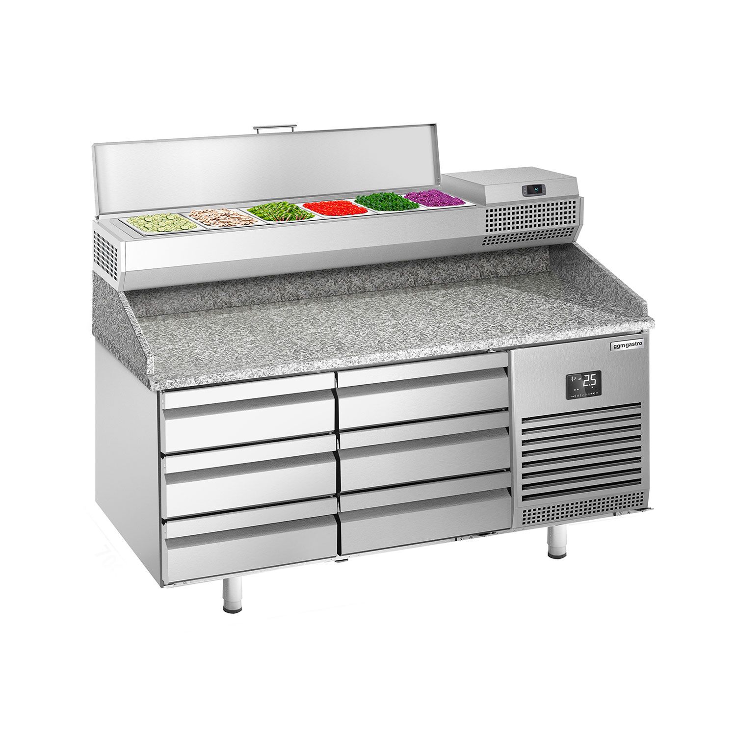 Table réfrigérée à pizza Premium PLUS - 1490x700 mm - avec 6 tiroirs - incl. vitrine réfrigérée - 6x GN 1/4