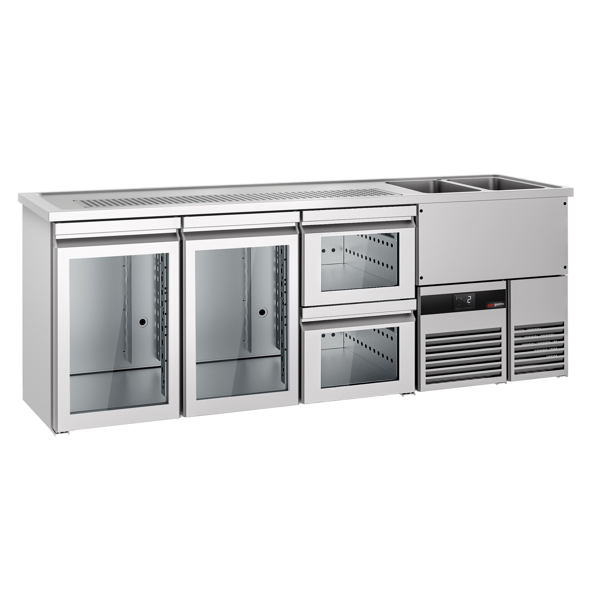 Comptoir de bar réfrigéré PREMIUM - 2500x700mm - 2 portes vitrées & 2 tiroirs en verre