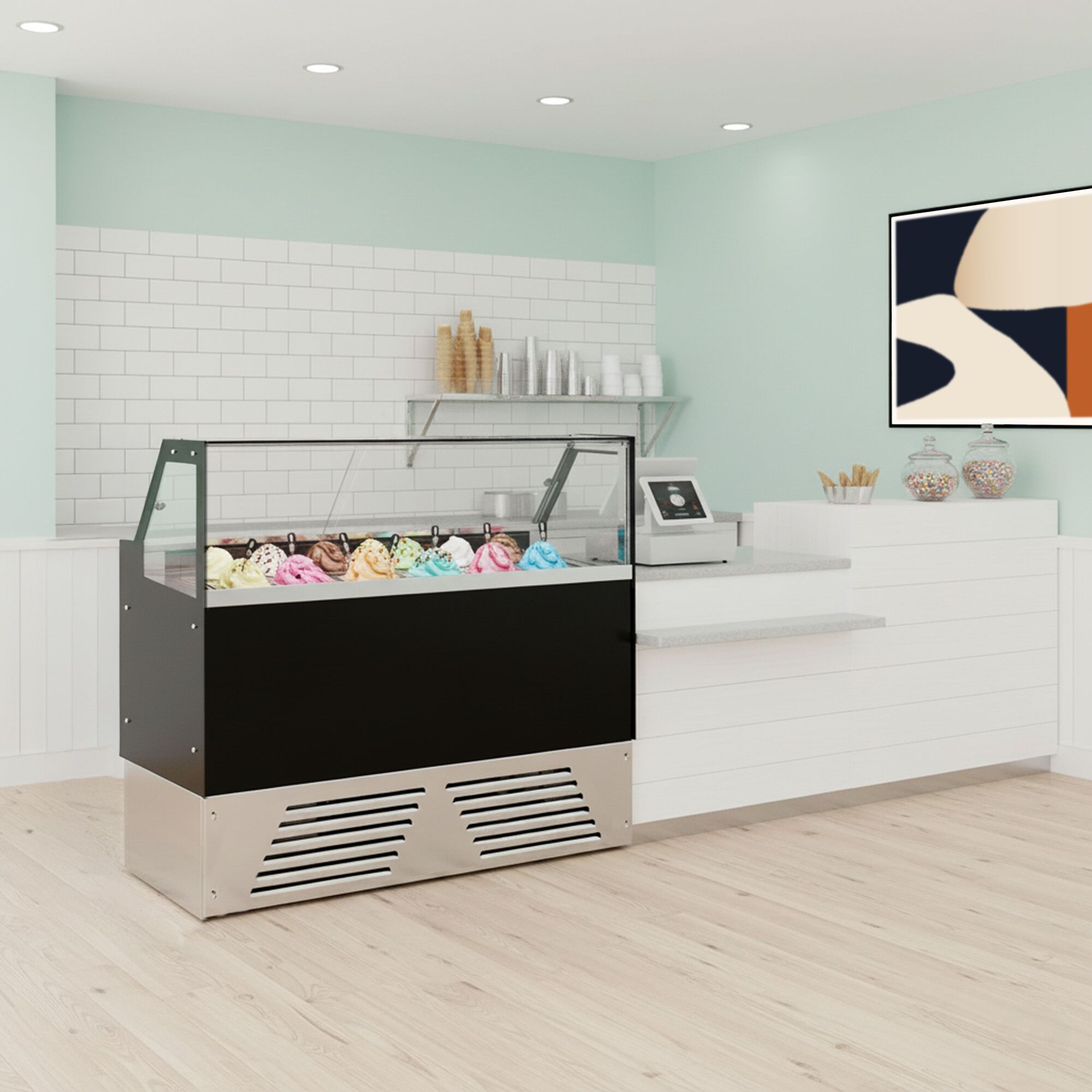 Vitrine à glace EMMA – 1190 mm – refroidissement ventilé – pour 6 bacs à glace de 5 litres ou 4 bacs de 7 litres – noir