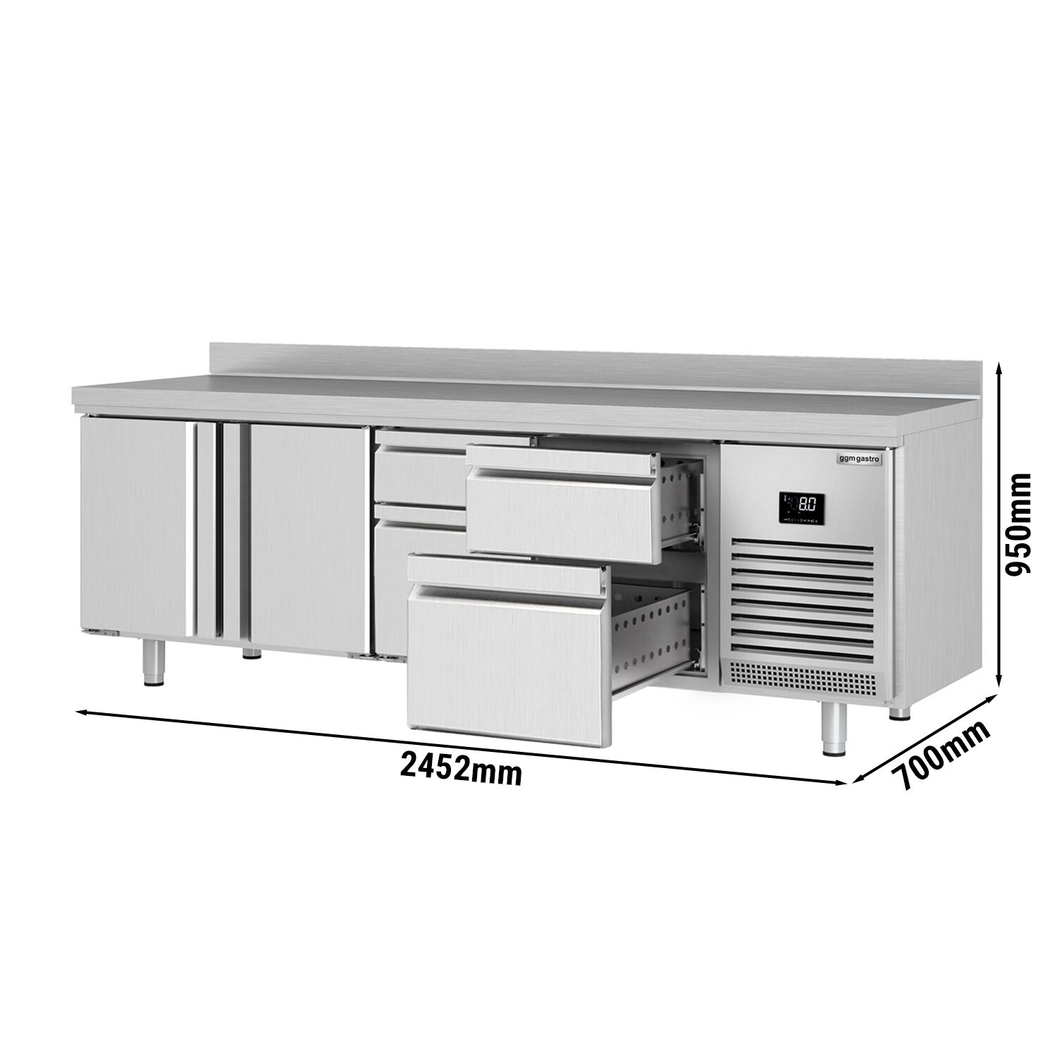 Table réfrigérée Premium PLUS - 2452 x 700 mm - avec 2 portes - 4 tiroirs - avec dosseret