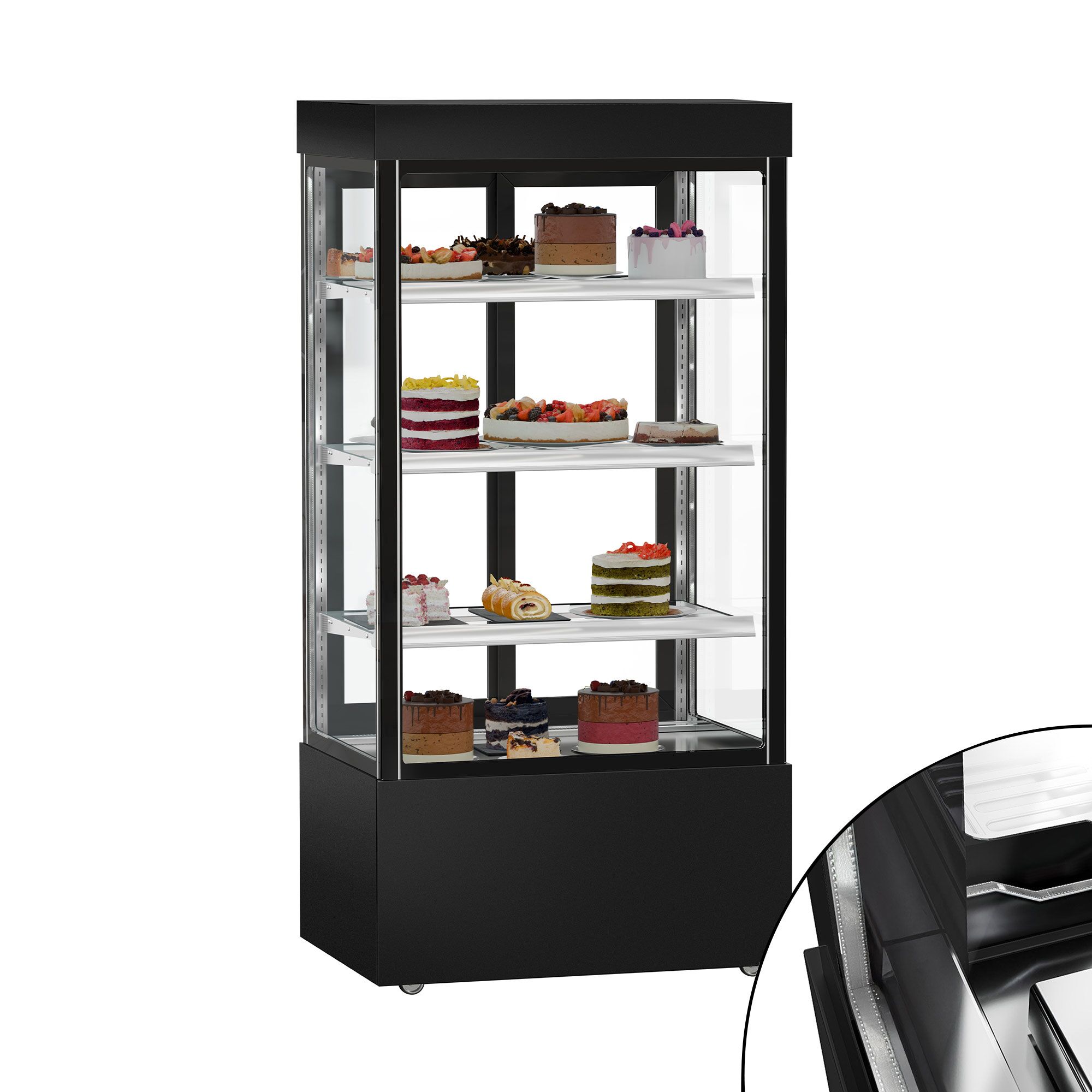 Vitrine réfrigérée 4 faces vitrées MADRID - 850L - 1000mm - Double vitrage - avec 3 étagères en verre - portes coulissantes vitrées arrière - Noir mat