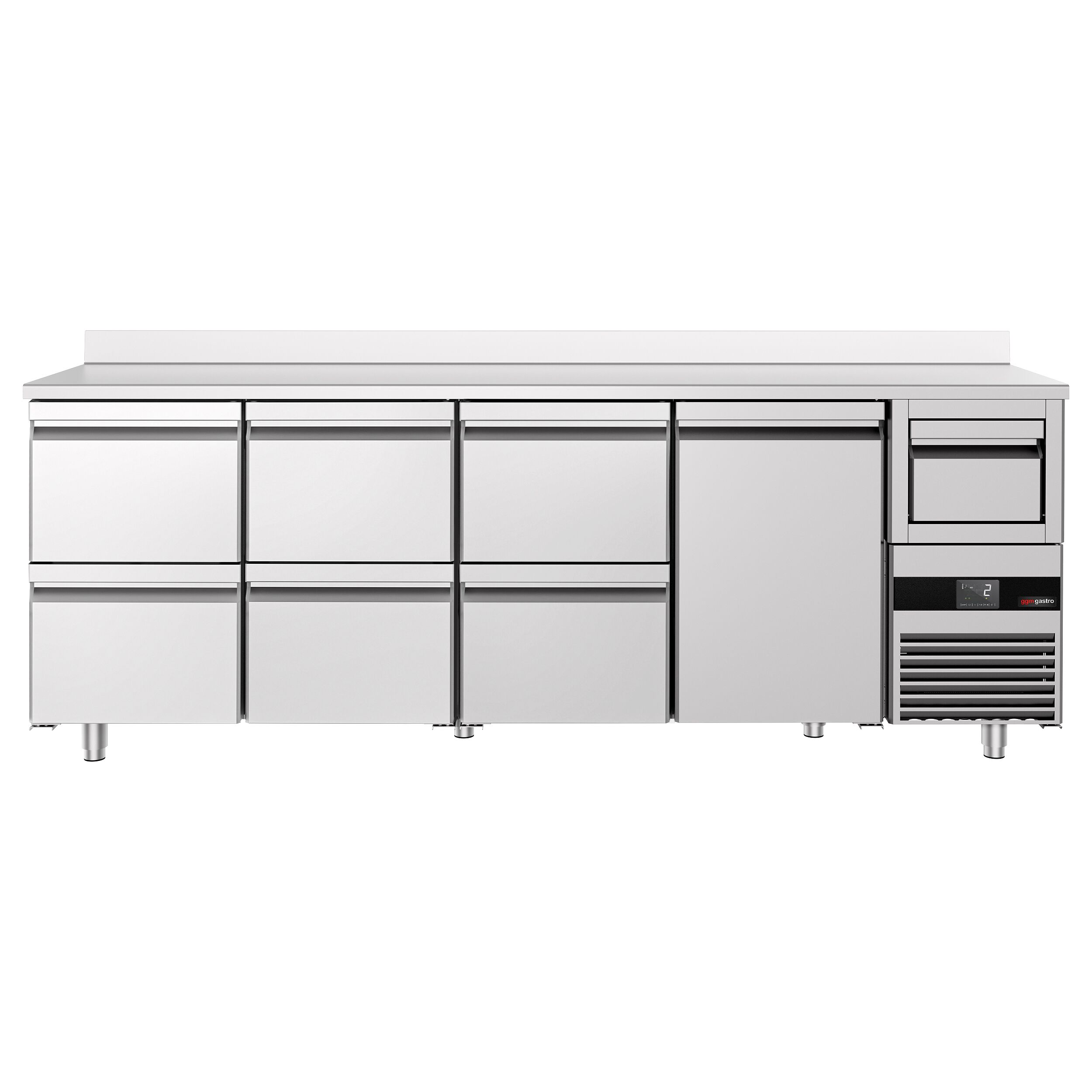 Arrière-bar réfrigéré professionnel  PREMIUM - 2690 x 600 mm - avec 1 porte et 6 tiroirs - avec dosseret - avec tiroir à marc de café