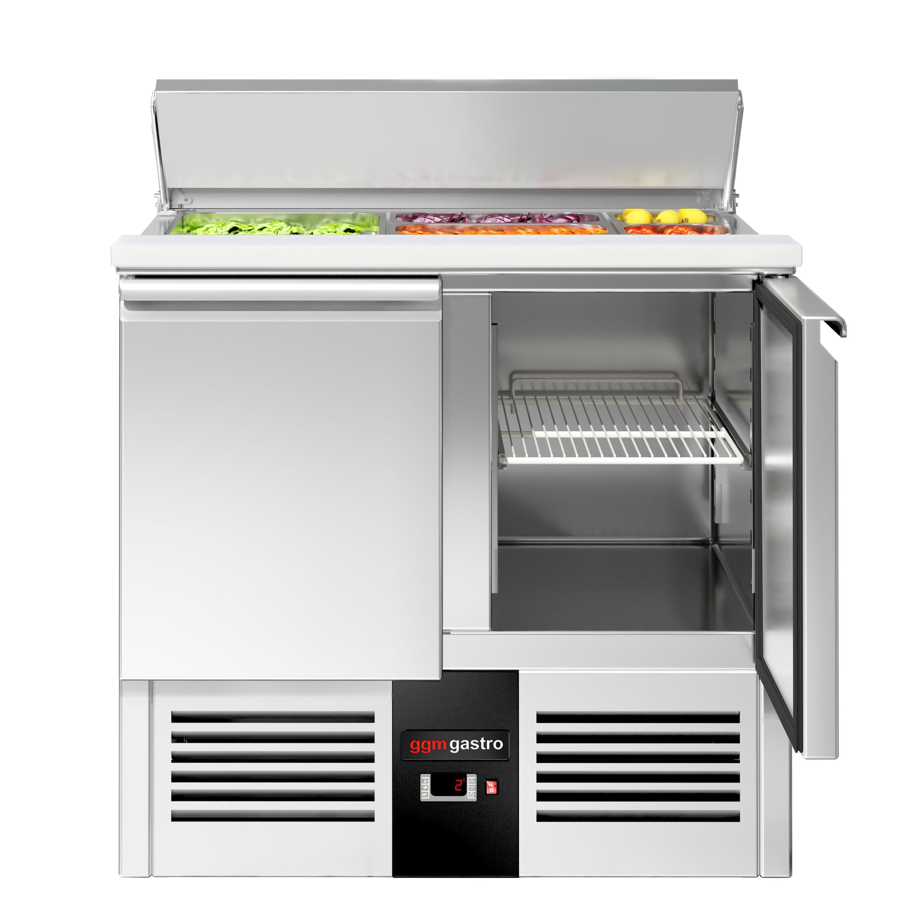Saladette réfrigérée PREMIUM - 903mm - 240L - 2 portes - pour 2x GN 1/1 & 3x GN 1/6 & Couvercle inox