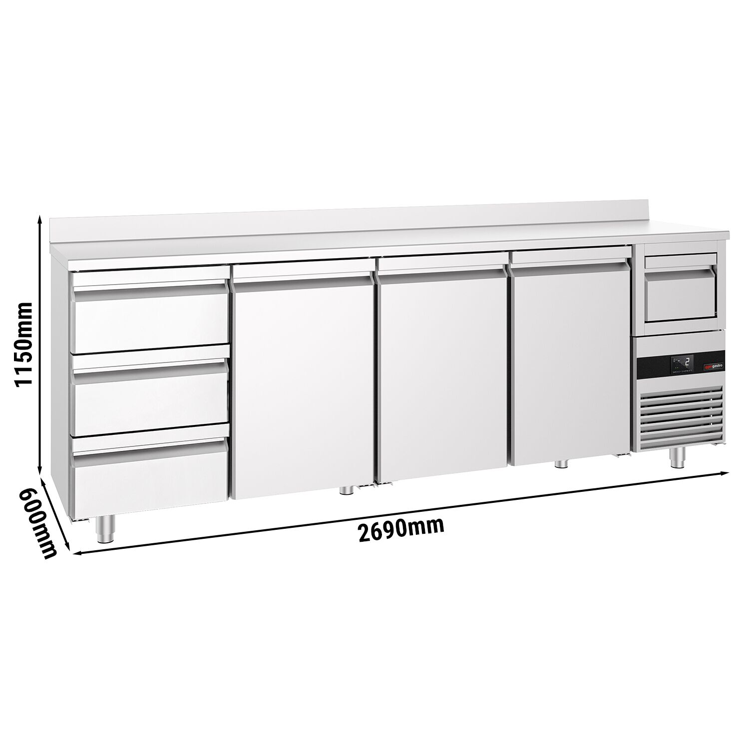 Arrière-bar réfrigéré professionnel PREMIUM - 2690 x 600 mm - avec 3 portes et 3 tiroirs - avec dosseret - avec tiroir à marc de café