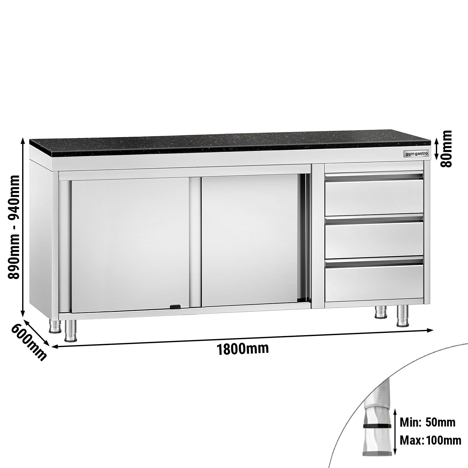 Edelstahl Arbeitsschrank PREMIUM - 1800x600mm - mit 3 Schubladen rechts - inkl. Granitarbeitsplatte