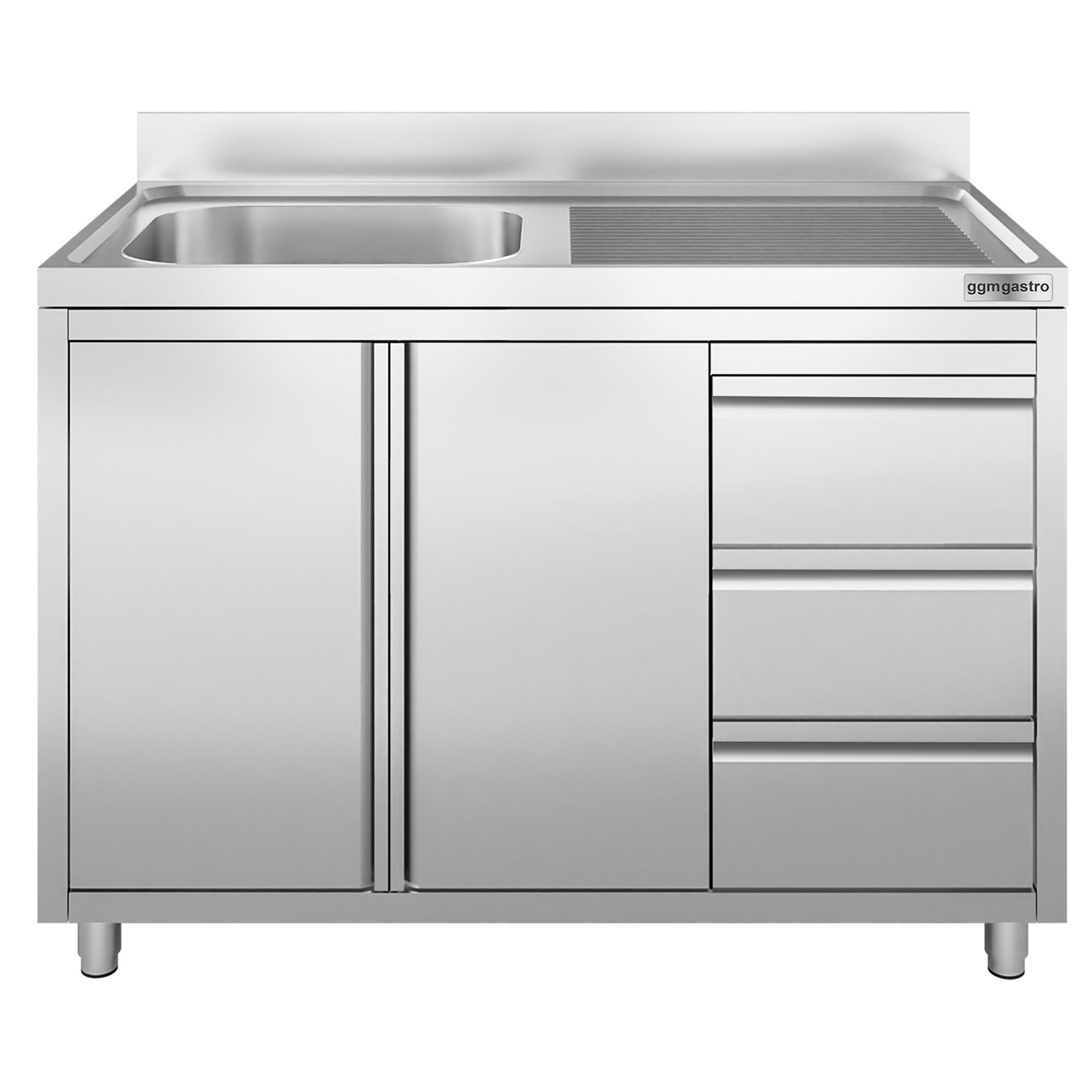 Commercial Sink Cabinet - Stainless Steel - 1200x700 - 3 Drawers - 1 Bowl Left
