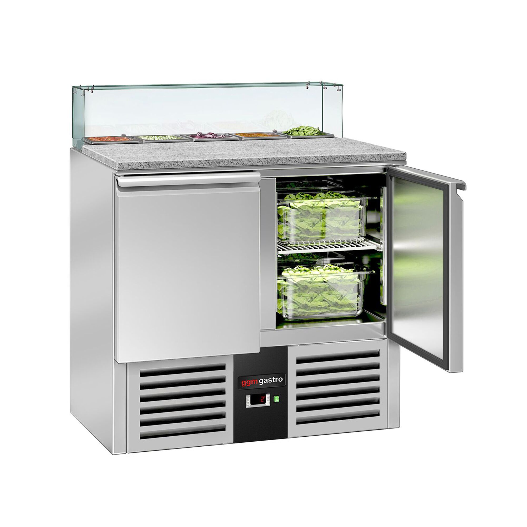 Saladette réfrigérée PREMIUM - 900mm - 240L - 2 portes - avec vitrine de comptoir pour 5x GN 1/6