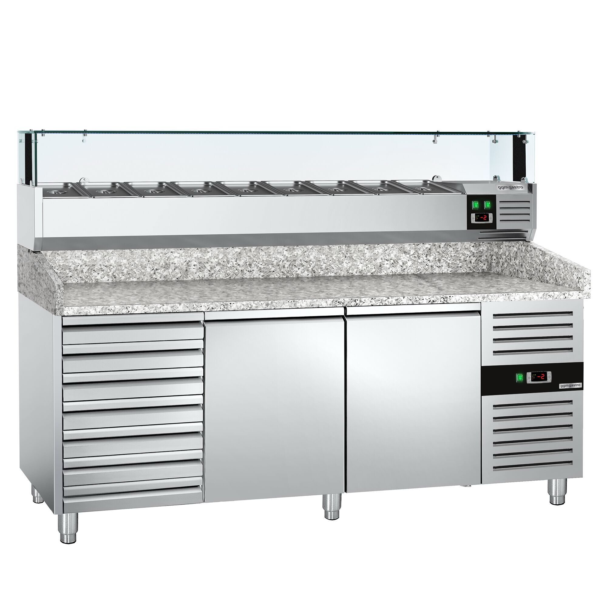 Table réfrigérée pour pizza PREMIUM - 2000 x 800 mm - avec 2 portes & 7 tiroirs - incl. vitrine réfrigérée avec LED - 9 x GN 1/3