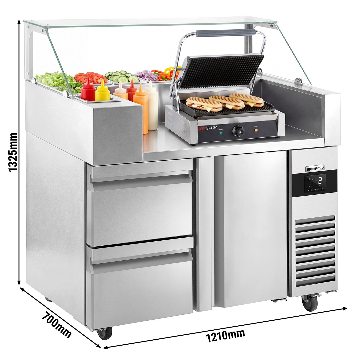 Table de préparation – 1210 mm – 1 porte & 2 tiroirs – pour 9 bacs GN 1/6 – incl. grill de contact