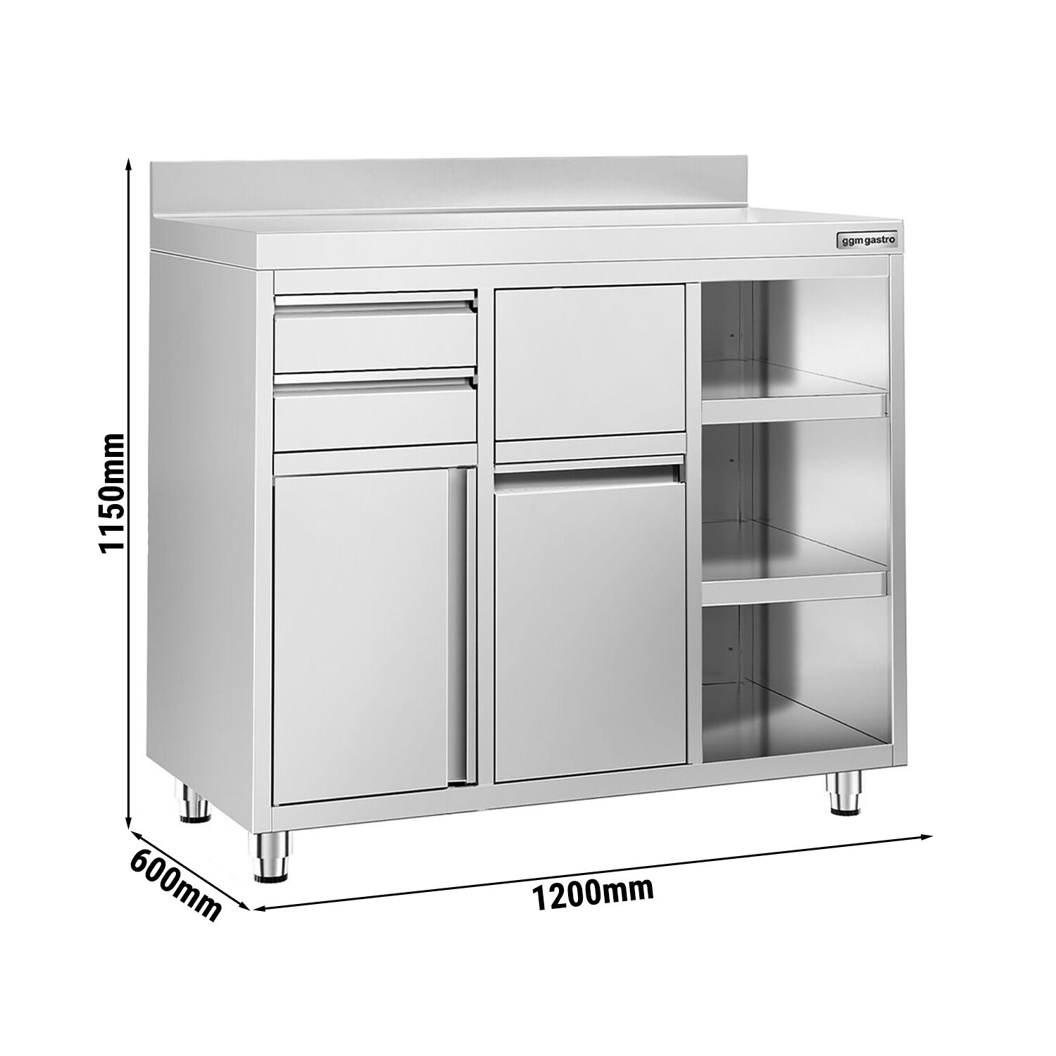 Table armoire en acier inoxydable - 1200x600mm - avec portes battantes - avec dosseret - pour cafetière à filtre (machine à café) - avec 2 tiroirs