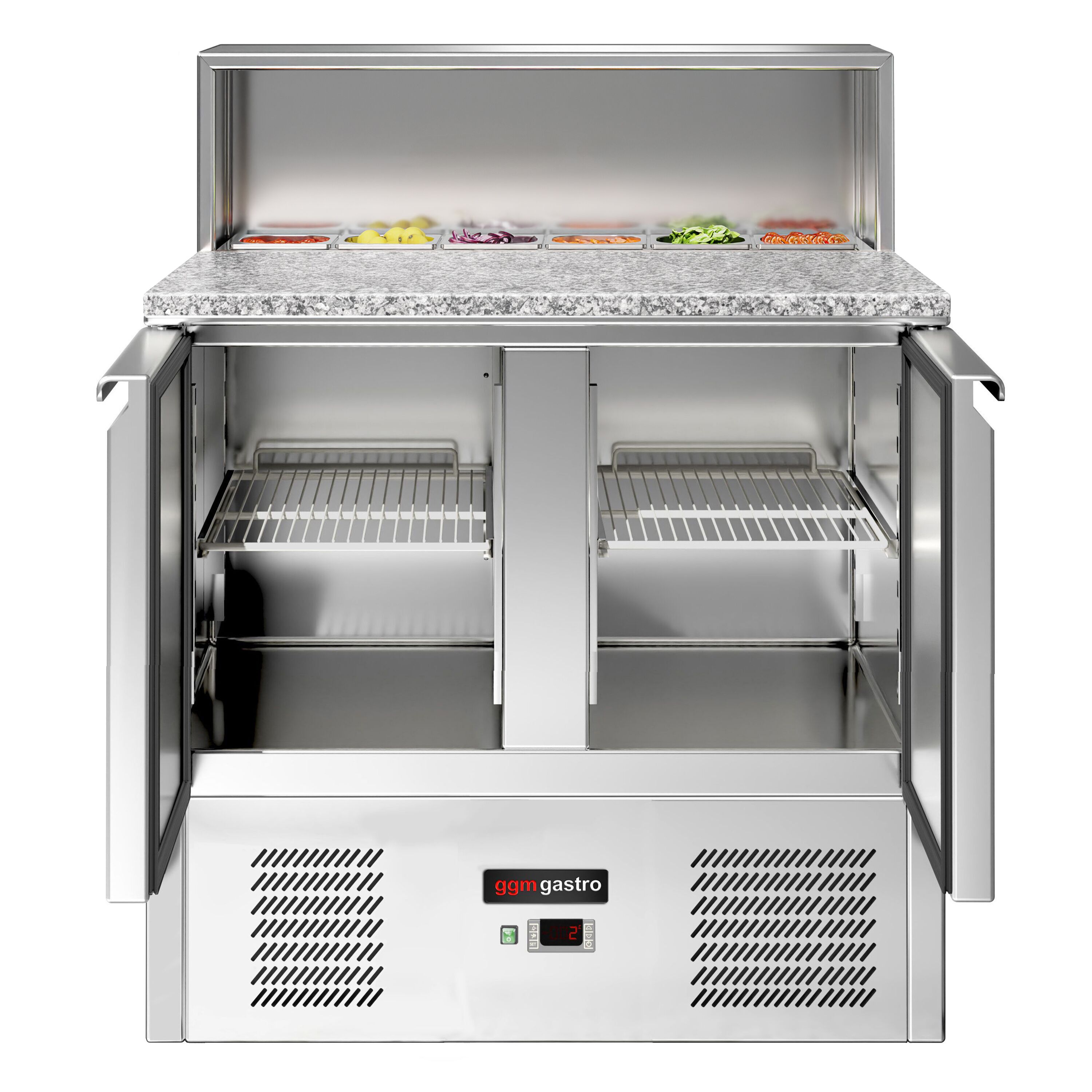 Saladette réfrigérée ECO - 903mm - 240L - façade noire - 2 portes - avec découpe pour 5x GN 1/6 & Couvercle inox - plan de travail en granit noir