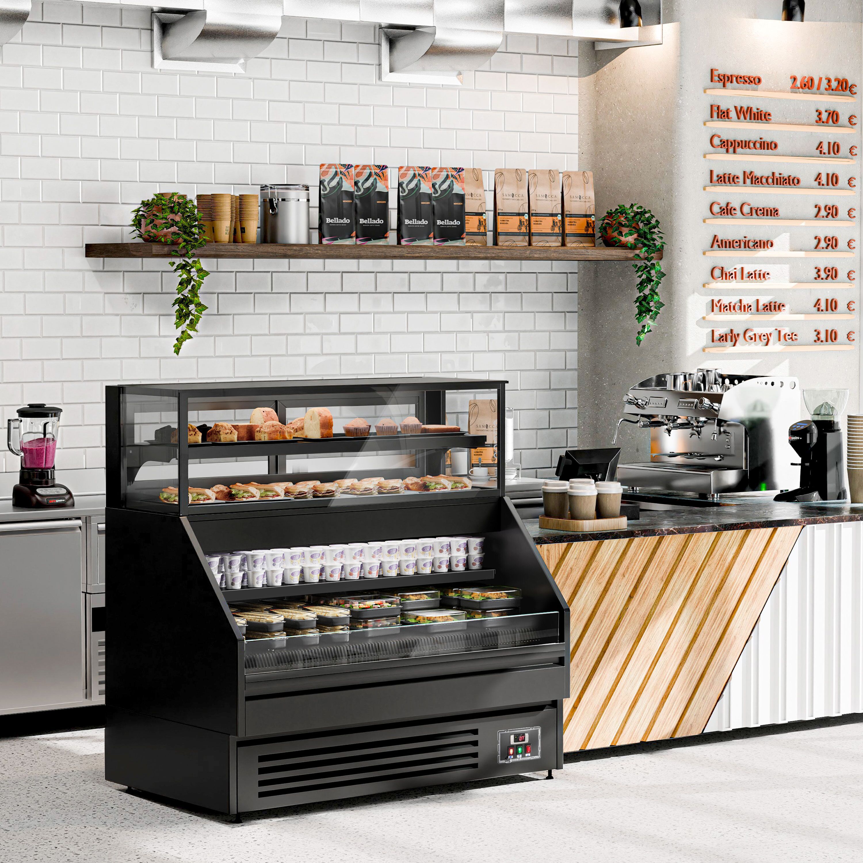 Comptoir vitrine réfrigérée Helsinki - 1500x800mm - 251L - 4 étagères - +2/+8°C - Portes coulissantes vitrées